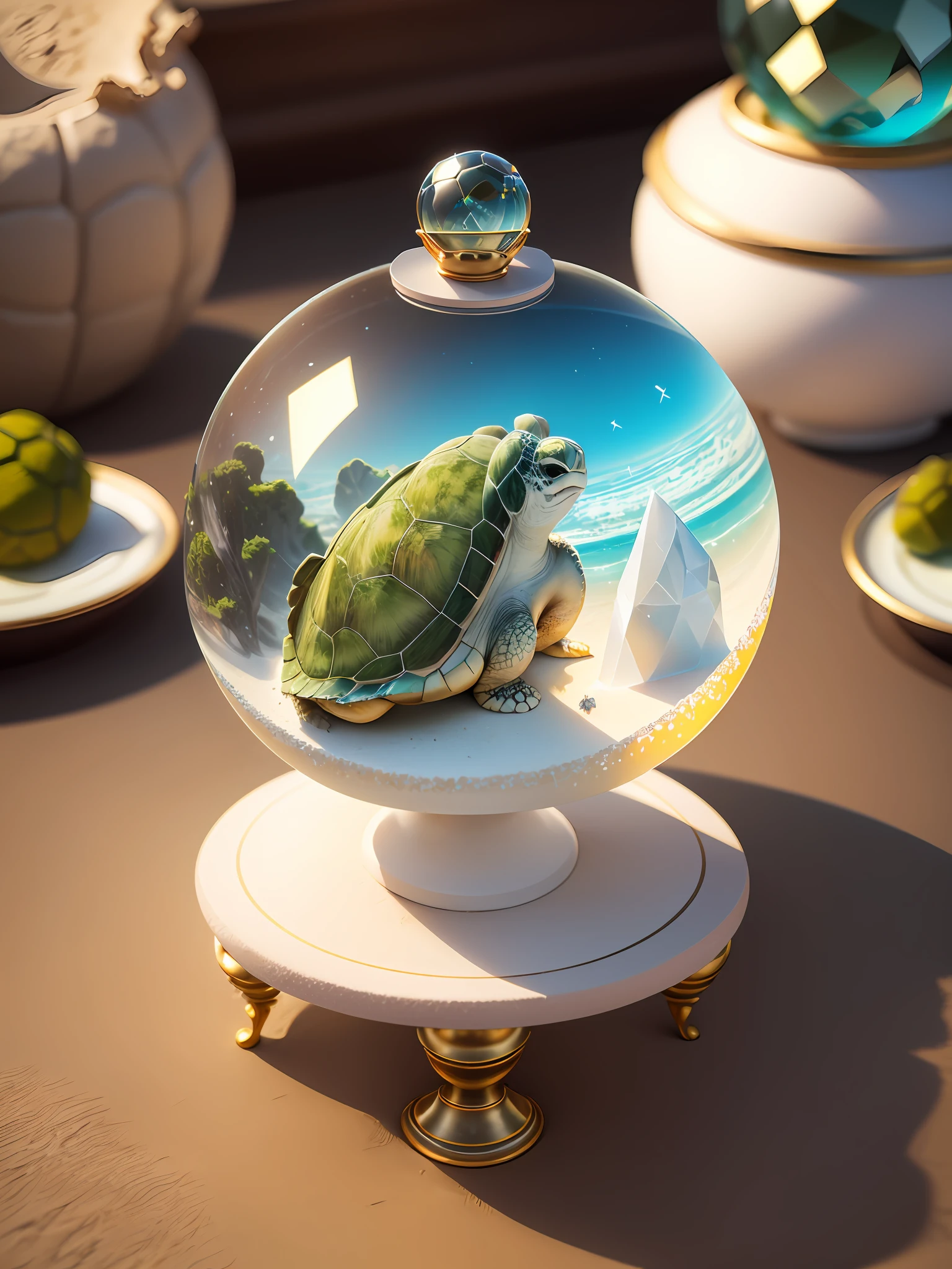 Ultra-realistic, 16K high resolution, (Max Sharp Focus: 1.3), (Max Close-up: 0.5), (Sandy sea turtle trapped in a crystal perfect ball with pedestal on table: 1.7), (White sand, moss: 1.3)
