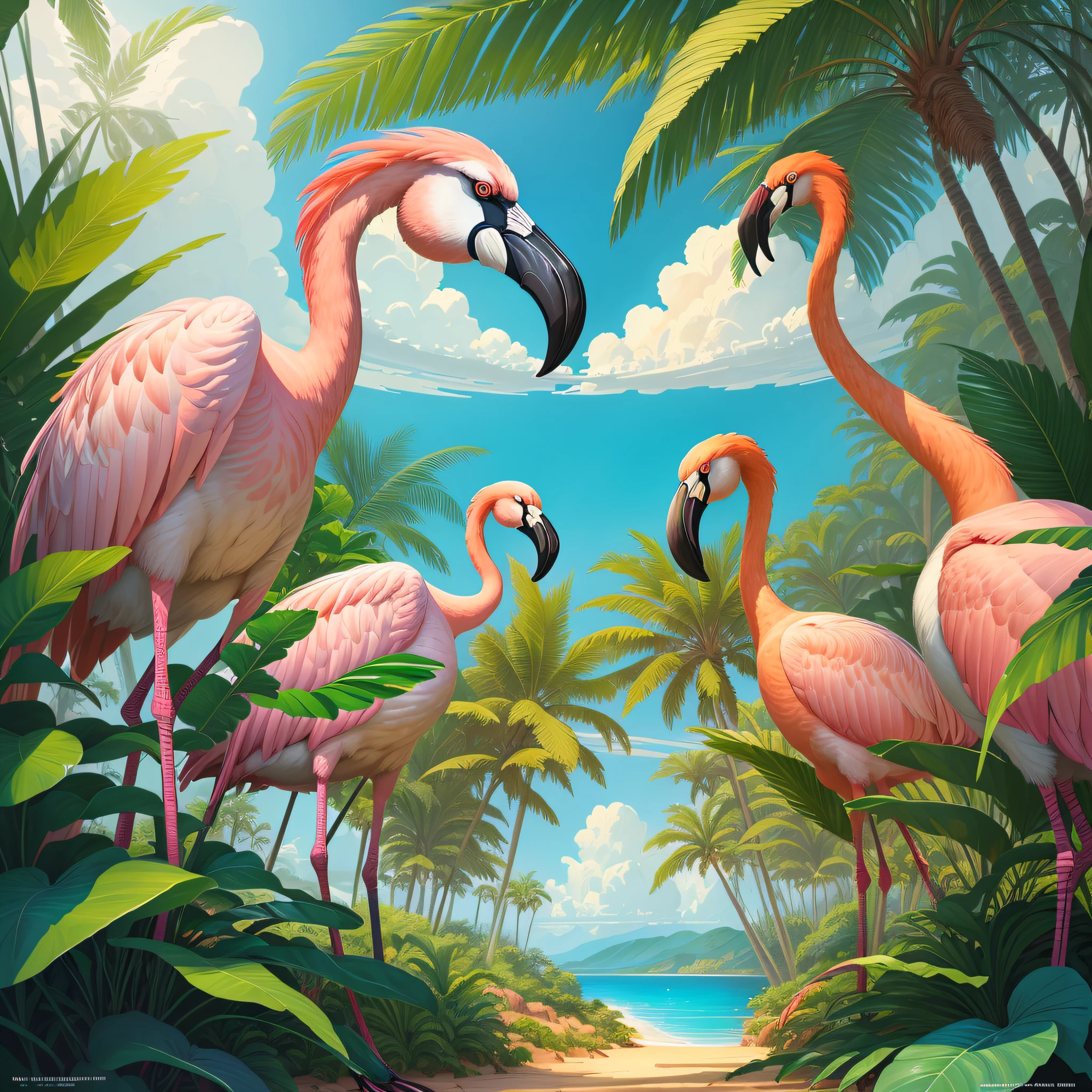 flamingos+zebras in the jungle with palm leaves and blue sky, zebra, tropical jungle, by Hildebrandt, hyper realistic, surrealist, by David B. Mattingly, flamingos, flamingos, jim warren, mysterious jungle painting, hildebrandt, tropical birds, flamingo, tropical paradise, by Thomas Dalziel, amazing background, beautiful nature, laurent durieux, by Joe Jusko, by Brian Thomas, by Wayne England, breathtaking, 8k, masterpiece, cinematic, ultra Hd, masterpiece, award-winning,