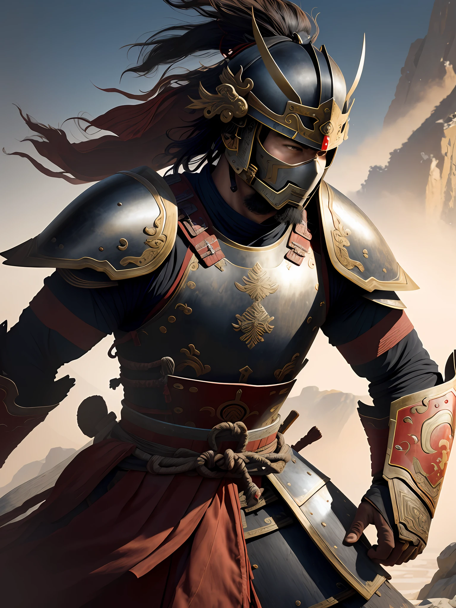 1 Warrior man on (China wall), wearing samurai armor, (with helmet covering face), drop shadow, halftone, vanishing point, diffraction peaks, f/1.8, Nikon, high detail, UHD, masterpiece, best quality, highres, 16k