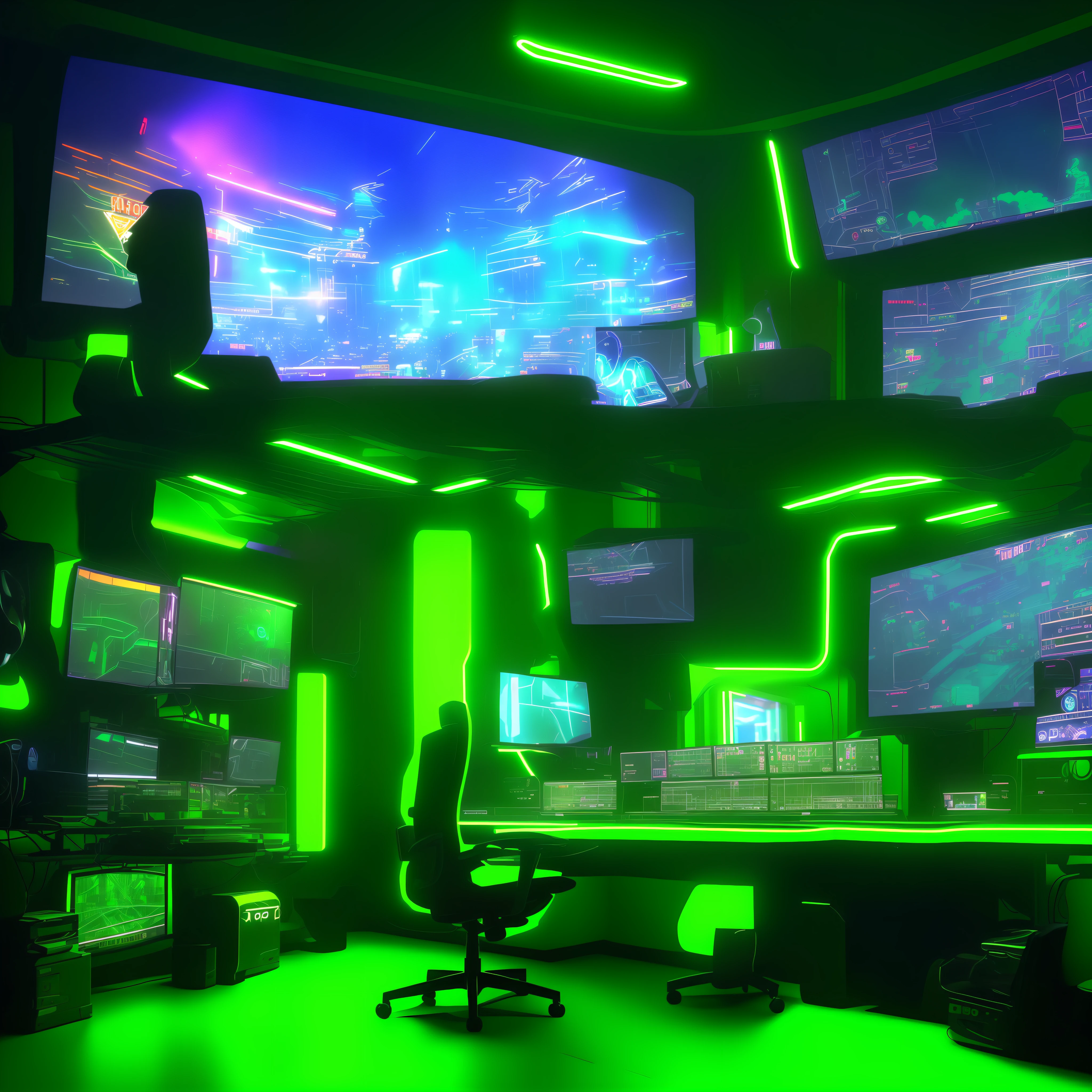 (extremely detailed, best quality) Moco, confident expression, sitting on gaming chair, control room scene,(wide shot, dynamic angle),primary colors,ambient light, emerald green, neon green, Vantage Shadow.