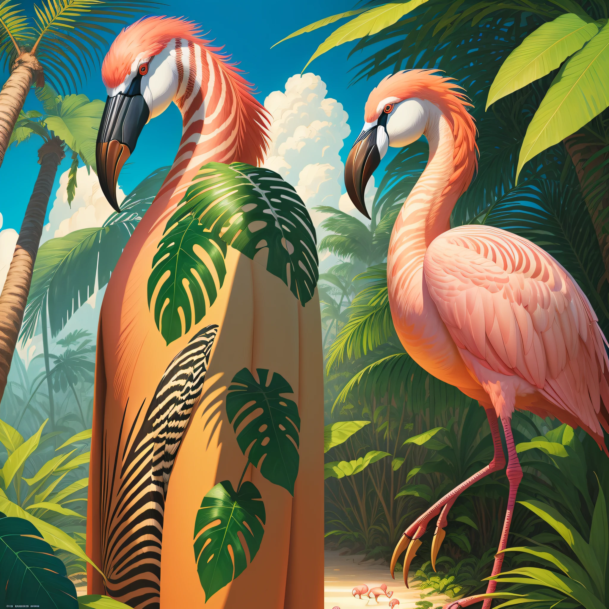 flamingos+zebras in the jungle with palm leaves and blue sky, zebra, tropical jungle, by Hildebrandt, hyper realistic, surrealist, by David B. Mattingly, flamingos, flamingos, jim warren, mysterious jungle painting, hildebrandt, tropical birds, flamingo, tropical paradise, by Thomas Dalziel, amazing background, beautiful nature, laurent durieux, by Joe Jusko, by Brian Thomas, by Wayne England, breathtaking, 8k, masterpiece, cinematic, ultra Hd, masterpiece, award-winning,