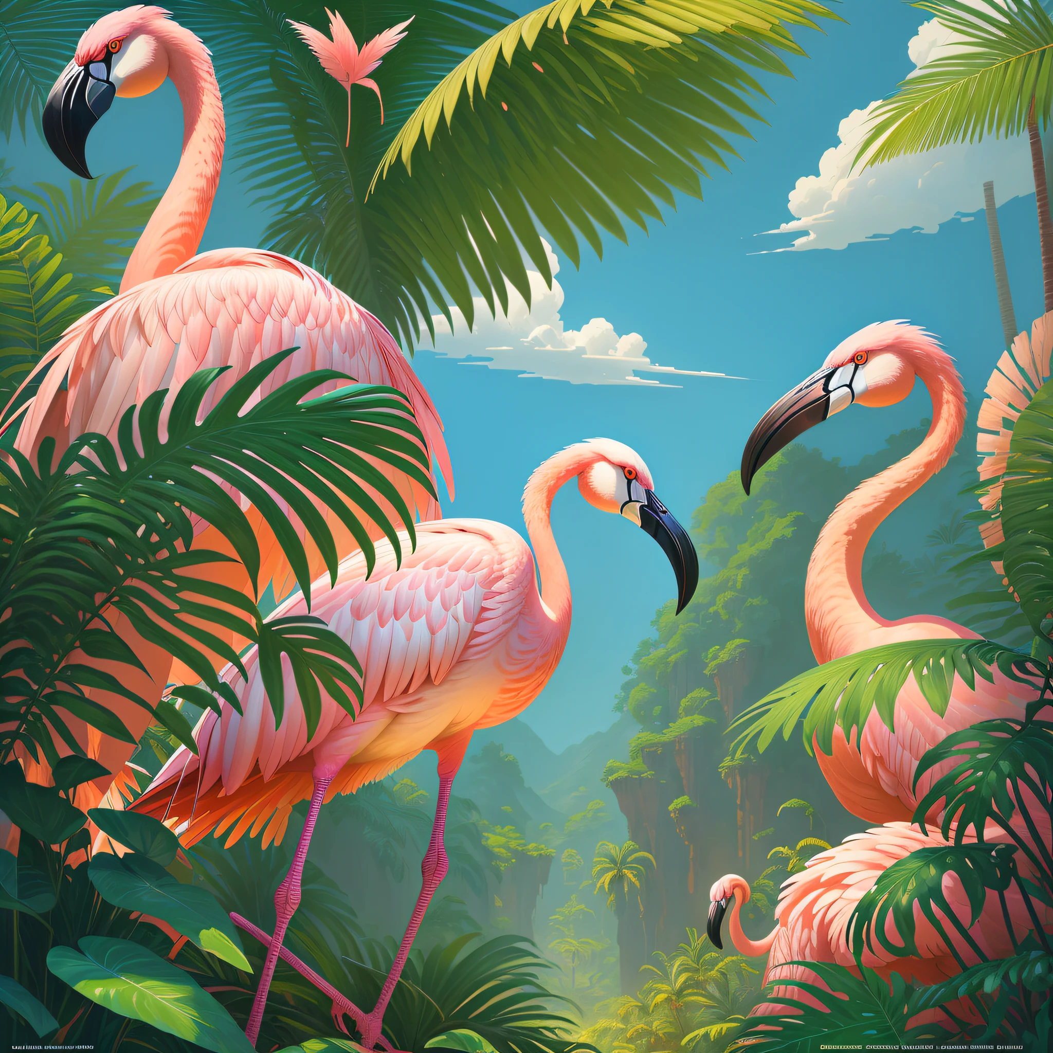 flamingos+zebras in the jungle with palm leaves and blue sky, zebra, tropical jungle, by Hildebrandt, hyper realistic, surrealist, by David B. Mattingly, flamingos, flamingos, jim warren, mysterious jungle painting, hildebrandt, tropical birds, flamingo, tropical paradise, by Thomas Dalziel, amazing background, beautiful nature, laurent durieux, by Joe Jusko, by Brian Thomas, by Wayne England, breathtaking,  8k, masterpiece, cinematic, ultra Hd, masterpiece, award-winning,