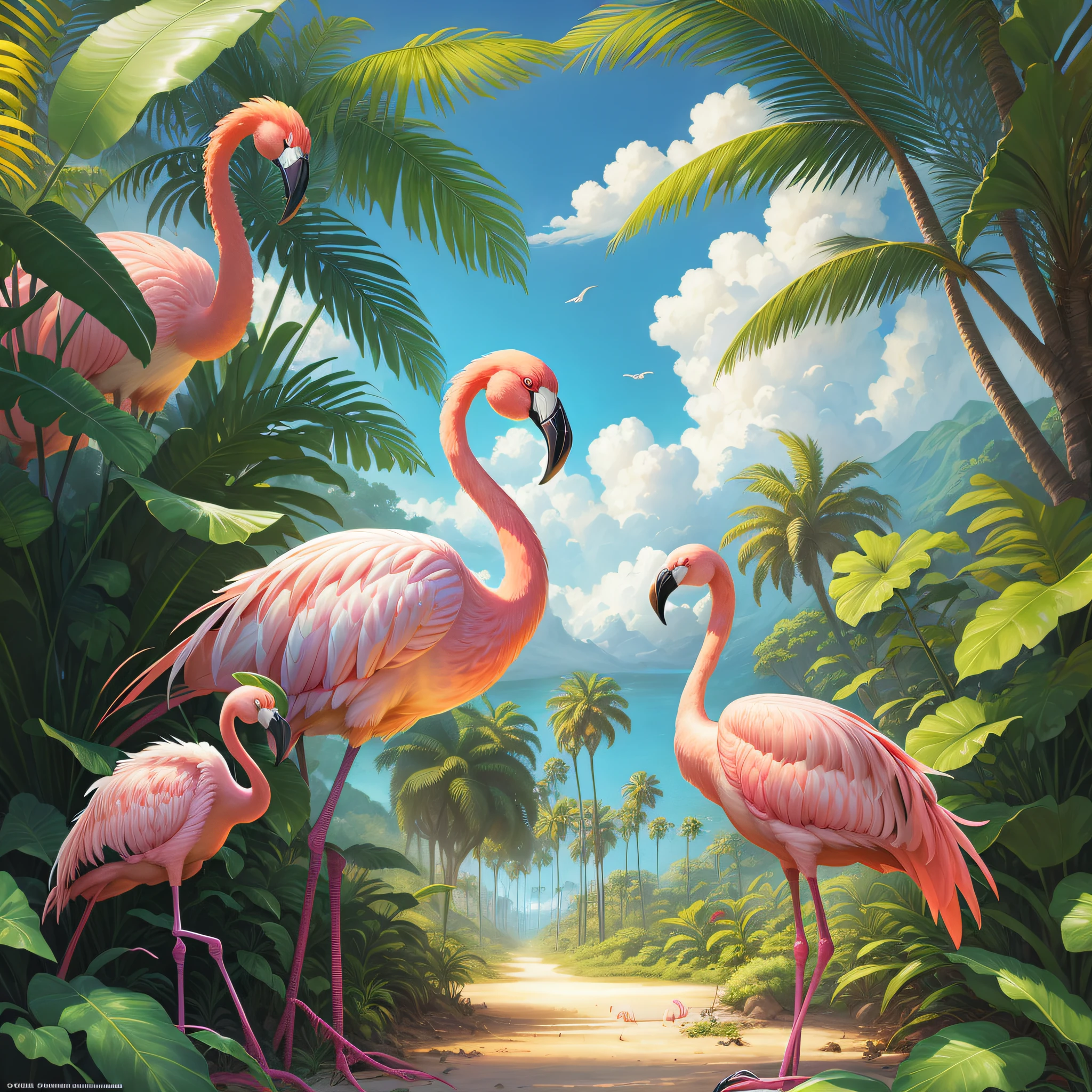 flamingos+zebras in the jungle with palm leaves and blue sky, by Hildebrandt, hyper realistic, surrealist, by David B. Mattingly, flamingos, flamingos, jim warren, mysterious jungle painting, hildebrandt, tropical birds, flamingo, tropical paradise, by Thomas Dalziel, amazing background, beautiful nature, laurent durieux, by Joe Jusko, by Brian Thomas, by Wayne England, breathtaking, 8k, masterpiece, cinematic, ultra HD, 3d rendering