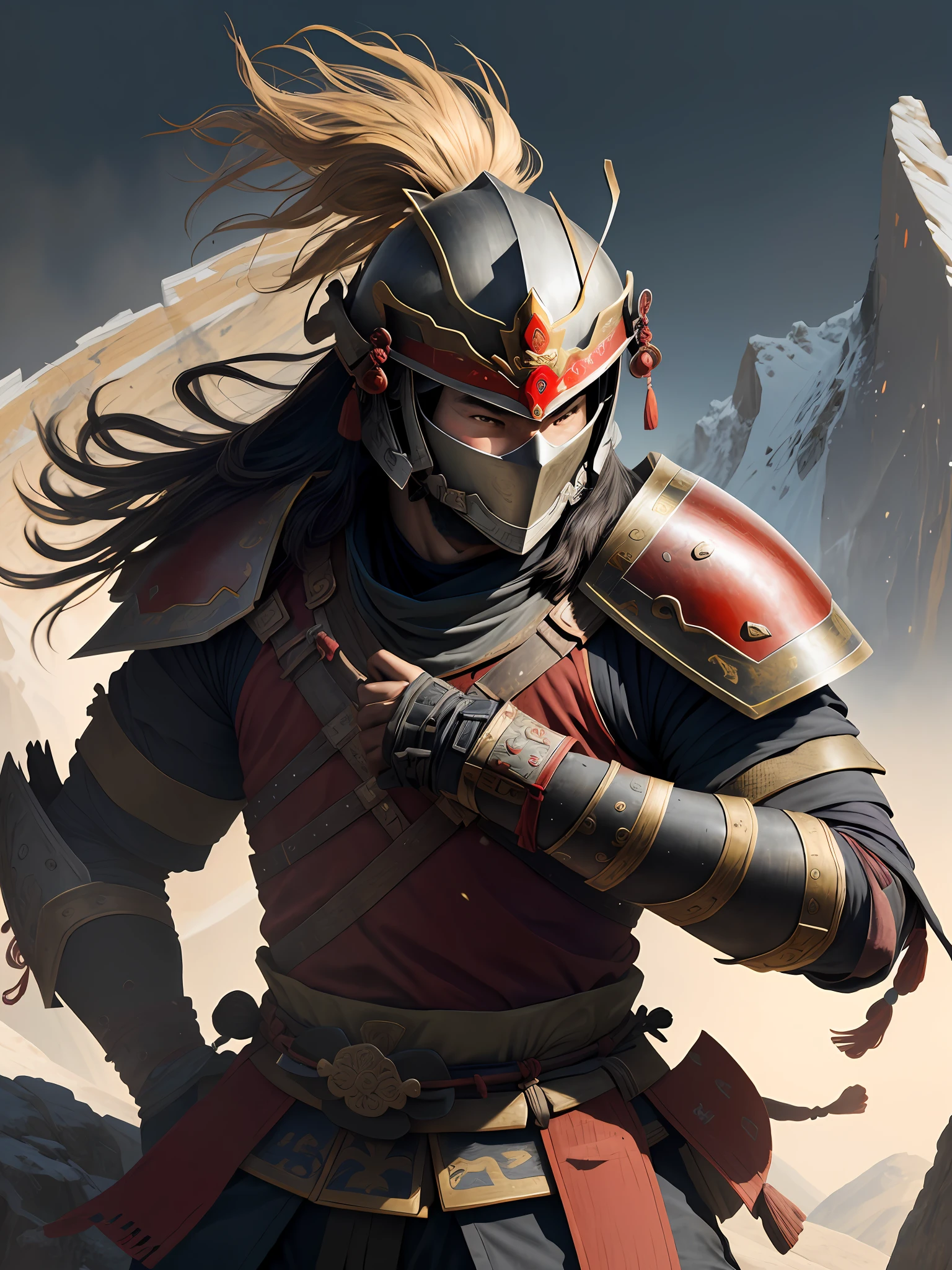 1 Warrior man on (China wall), wearing samurai armor, (with helmet covering face), drop shadow, halftone, vanishing point, diffraction peaks, f/1.8, Nikon, high detail, UHD, masterpiece, best quality, highres, 16k