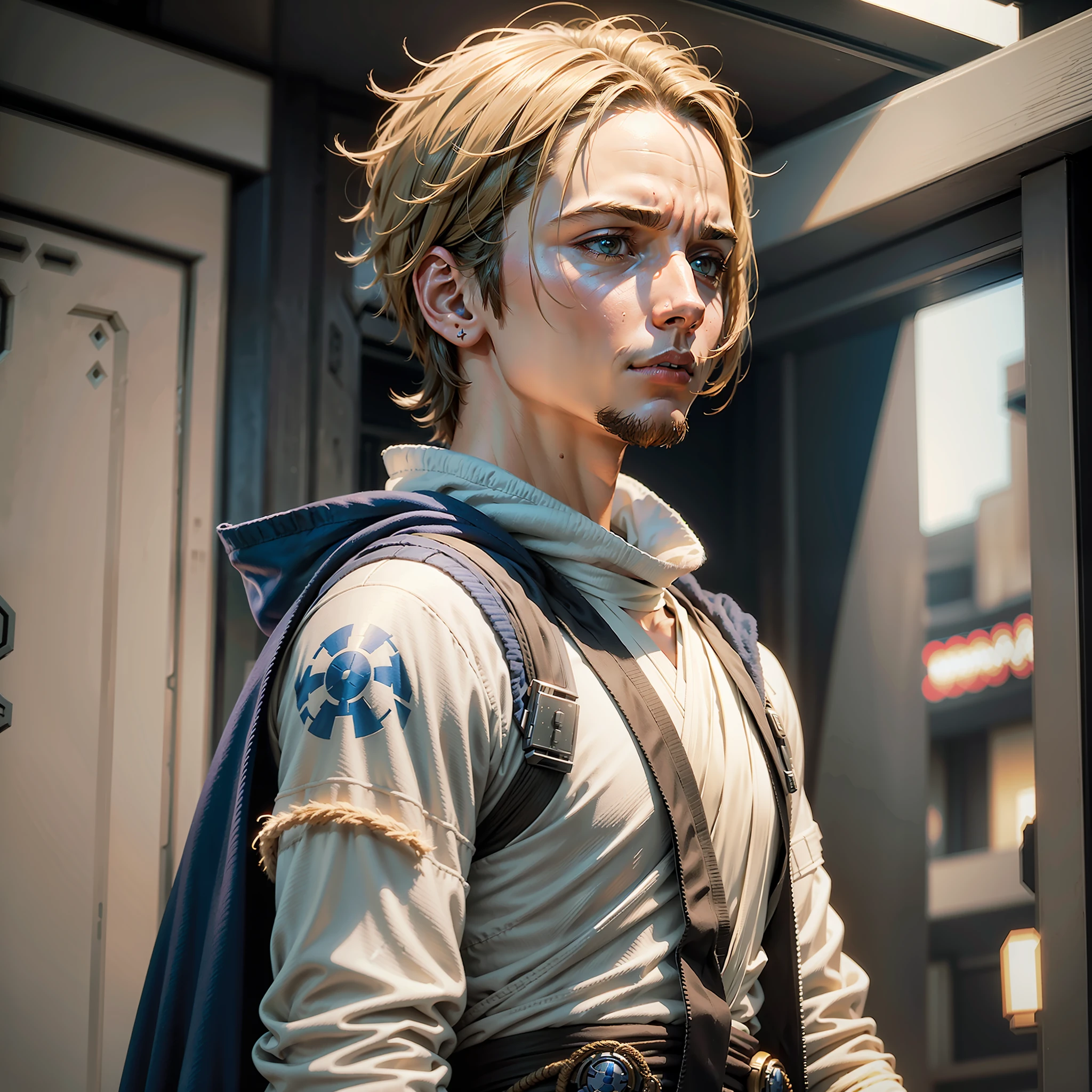 1 man style star wars jedi, short hair, (best quality), ((resolution 1:1)), (face centered), avatar photo only, (head + shoulders), realistic photo, film grain.