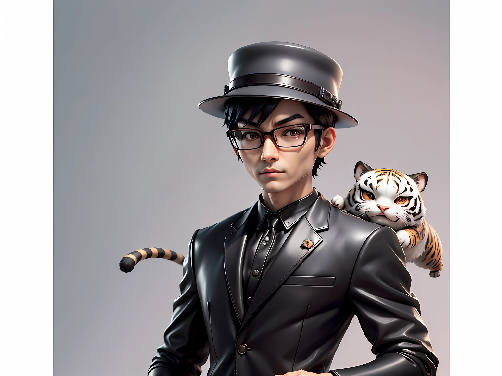 Young man with oriental face in leather hat, tiger, oriental face in formal suit, short black hair, silver glasses, digital painting, 3D character design by Mark Clairedon and Pixar and Hayao Miyazaki and Akira Toriyama, the illustration is a high-definition illustration in 4K resolution with very detailed facial features and cartoon-style visuals.