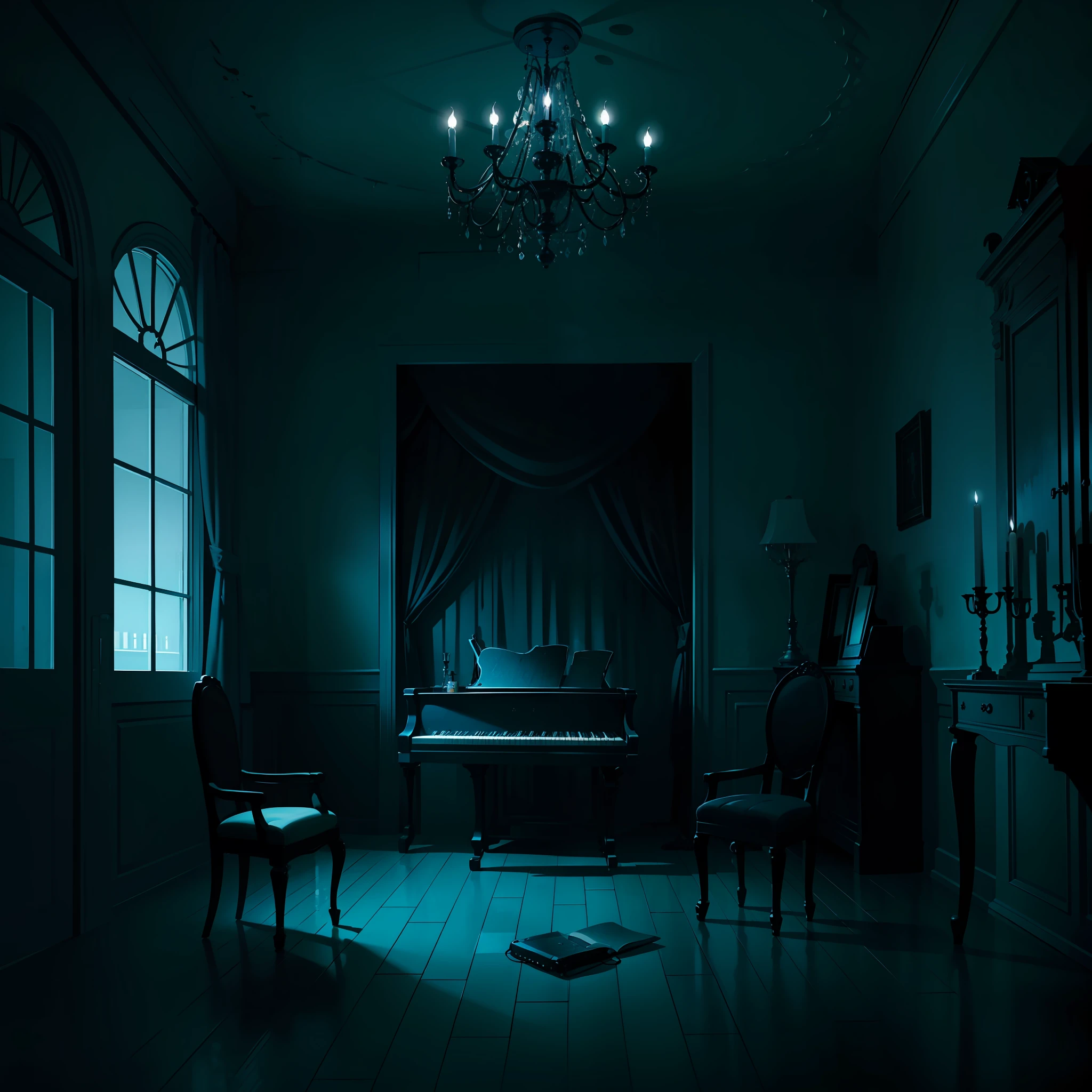 Music room, scary, horror, themed dark, dark, night, low lighting, dark blue colors,