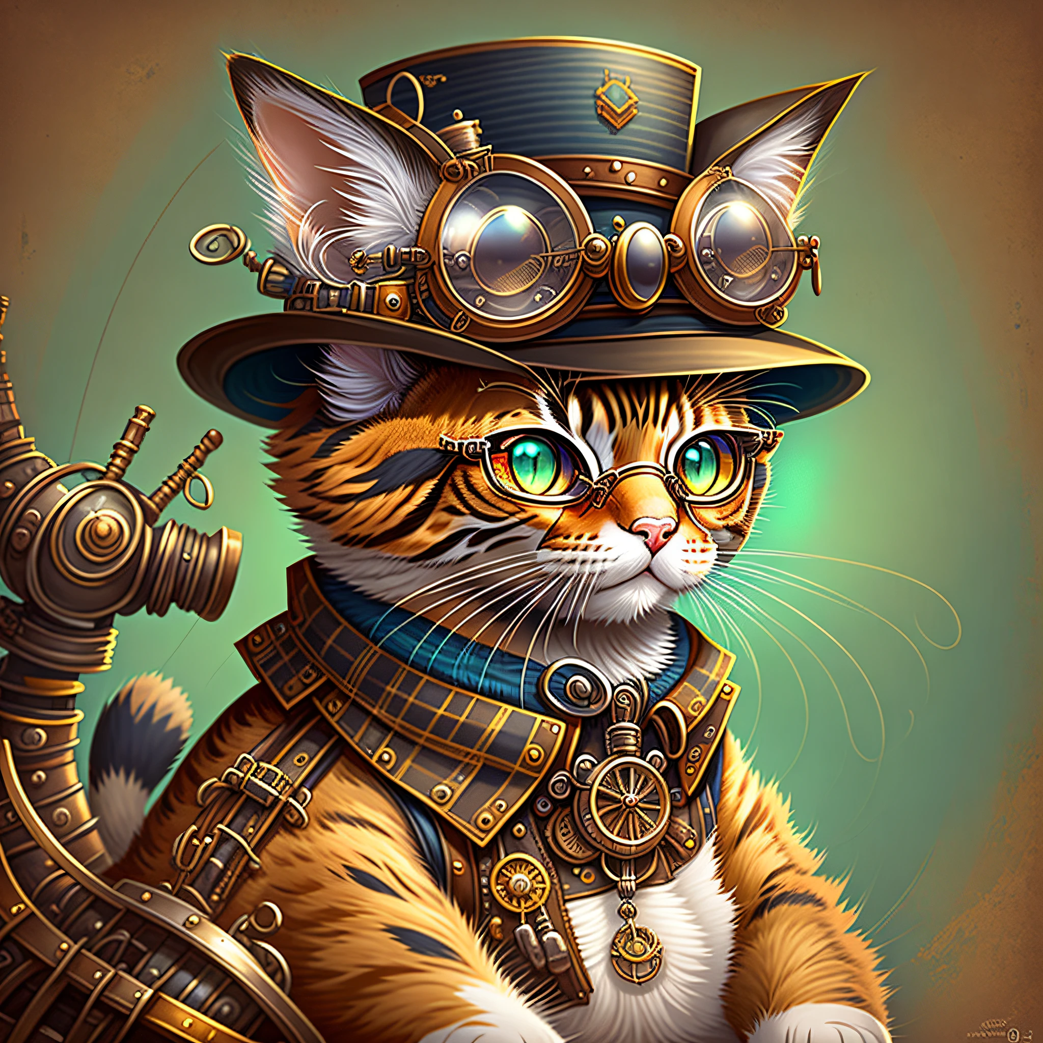 painting of a cat wearing a hat and glasses, steampunk cat, a cute steampunk calico cat, portrait of a steampunk kitten, cute detailed digital art, cyborg cat, digital steampunk art, cyberpunk cat, in digital illustration style, highly detailed digital art