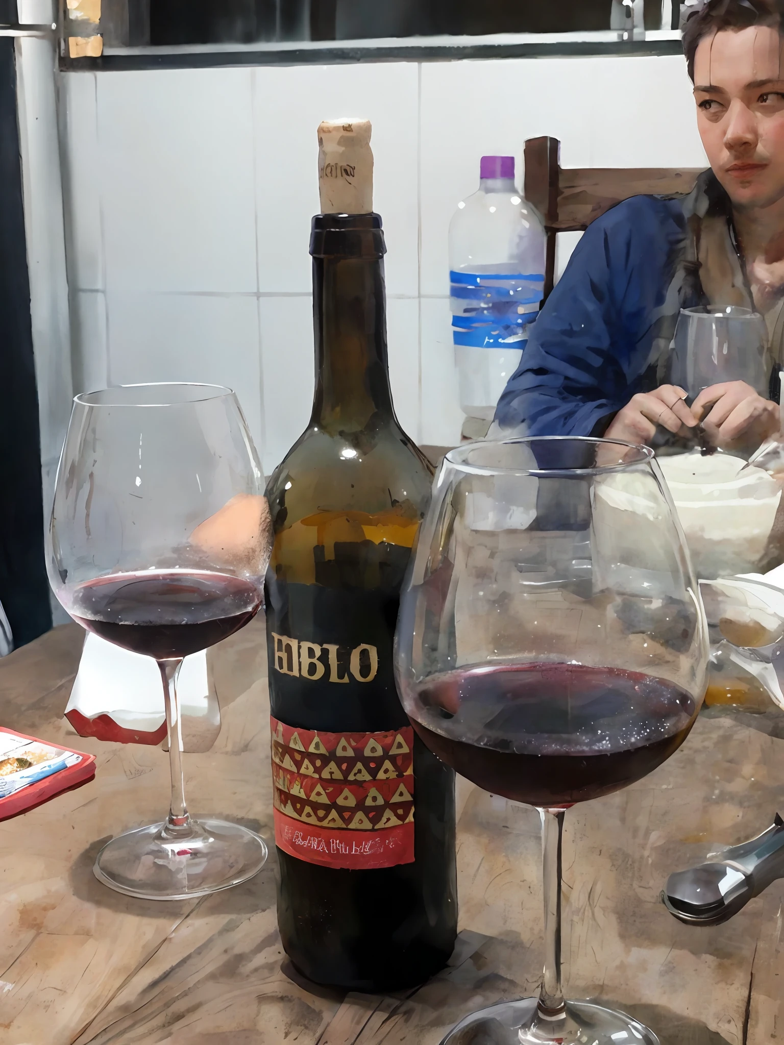 Remove bottom and place the glasses and the bottle of wine in the snow and falling snow