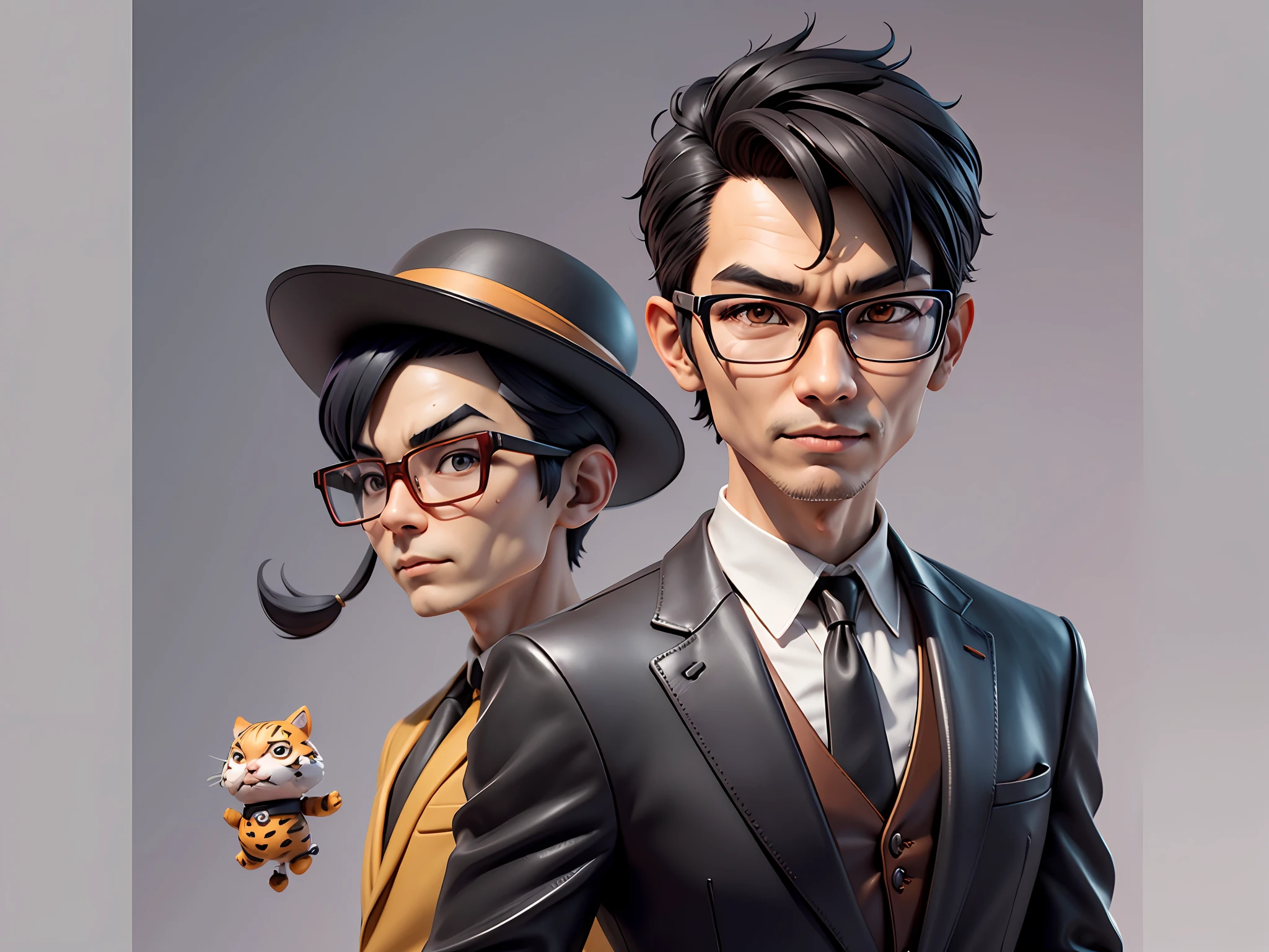 Young man with oriental face in leather hat, tiger, oriental face in formal suit, short black hair, silver glasses, digital painting, 3D character design by Mark Clairedon and Pixar and Hayao Miyazaki and Akira Toriyama, the illustration is a high-definition illustration in 4K resolution with very detailed facial features and cartoon-style visuals.