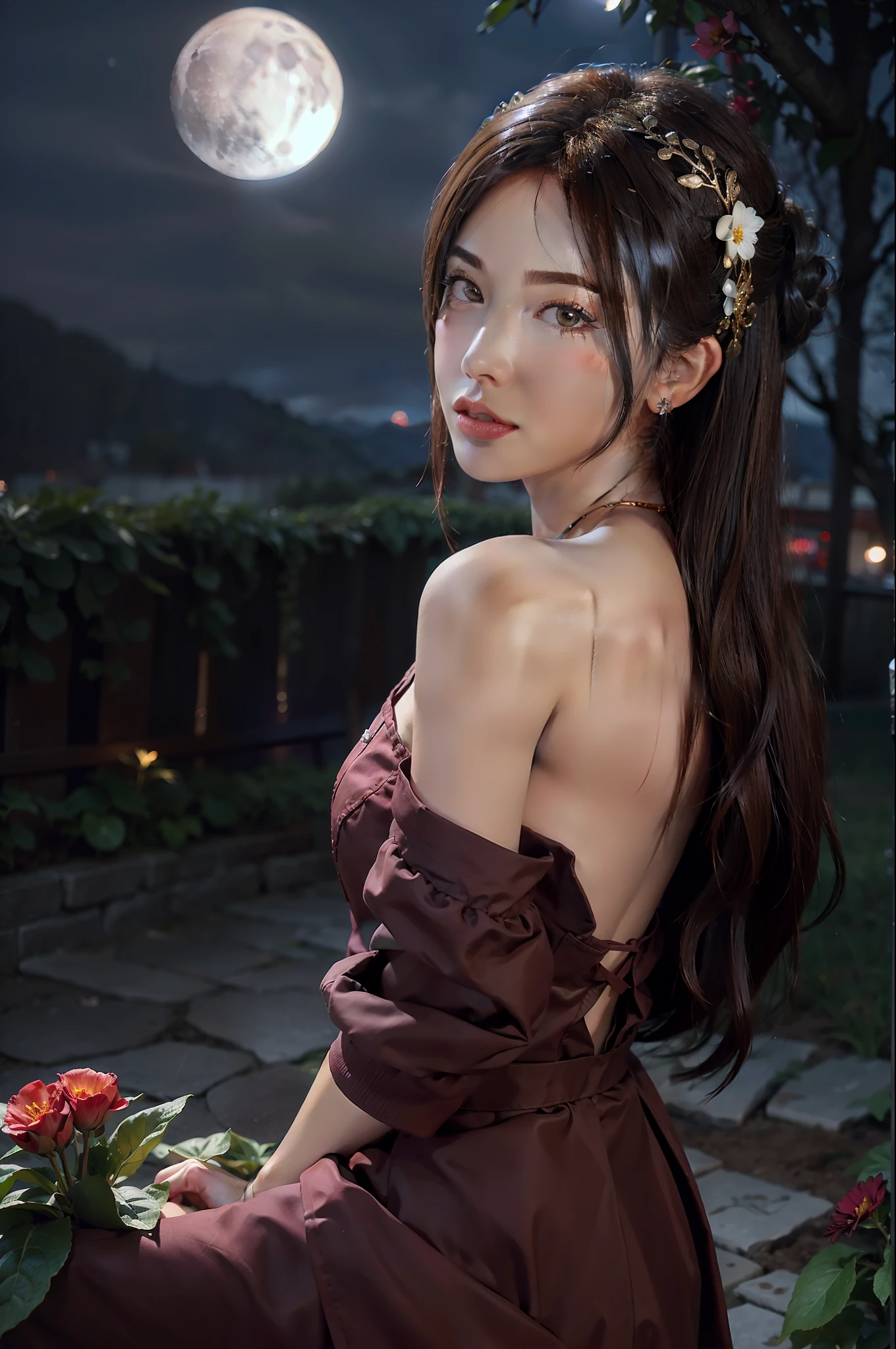 1girl, blurry, blurry_background, brown_eyes, brown_hair, depth_of_field, earrings, flower, full_moon, hair_flower, hair_ornament, lips, looking_at_viewer, moon, moonlight, night, night_sky, outdoors, red_flower, red_moon, sky, solo