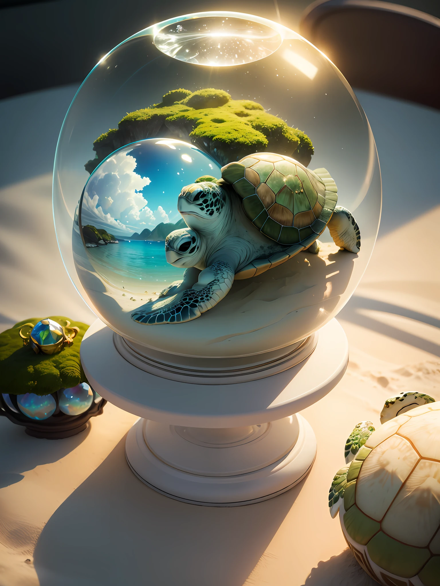Ultra-realistic, 16K high resolution, (Max Sharp Focus: 1.3), (Max Close-up: 0.5), (Sandy sea turtle trapped in a crystal perfect ball with pedestal on table: 1.7), (White sand, moss: 1.3)