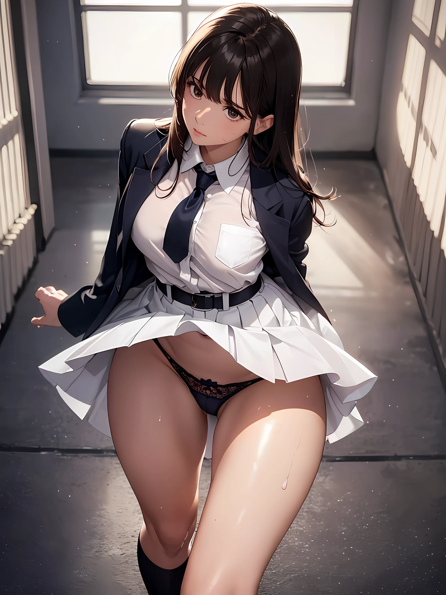professional women's photos, masterpieces, big, 1girl, shiny skin, flirting, from above, (bangs), (sweaty: 1.3), blurring background, photo of a woman 20 years old, mansji, (wet panties with white lace), panty shot, spread legs, skirt, school uniform, socks, dark brown hair, blurry background, knee-high, white shirt, loafers, realistic, lips, Brown eyes, Black socks, Tie, Dark blue pleated skirt, Sideways, Brown footwear, Top quality, Ultra detail, School classroom, Angle from below, Glossy skin, Shiny skin, Sweat on thighs, Long eyes, Beautiful mature face, Seductive eyes, Lifting thighs, Backlit, Navy blue blazer uniform with patches, Bend at the waist, Standing back, Shooting from behind, M legs,