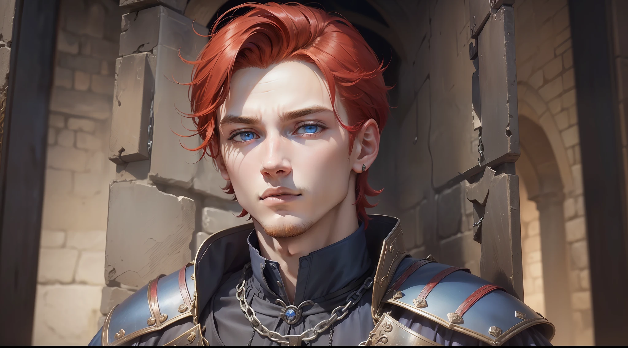 A young prince, 20 years old, adult, red hair, straight, short, fair skin ((best quality)), ((highly detailed)), masterpiece, ((official-art)), (blue eyes, confident look, male face, (man 1:33, solo), medieval clothing, bound by chains, trapped in the dungeon, chained by the hands, perfect image, UHD, 8K
