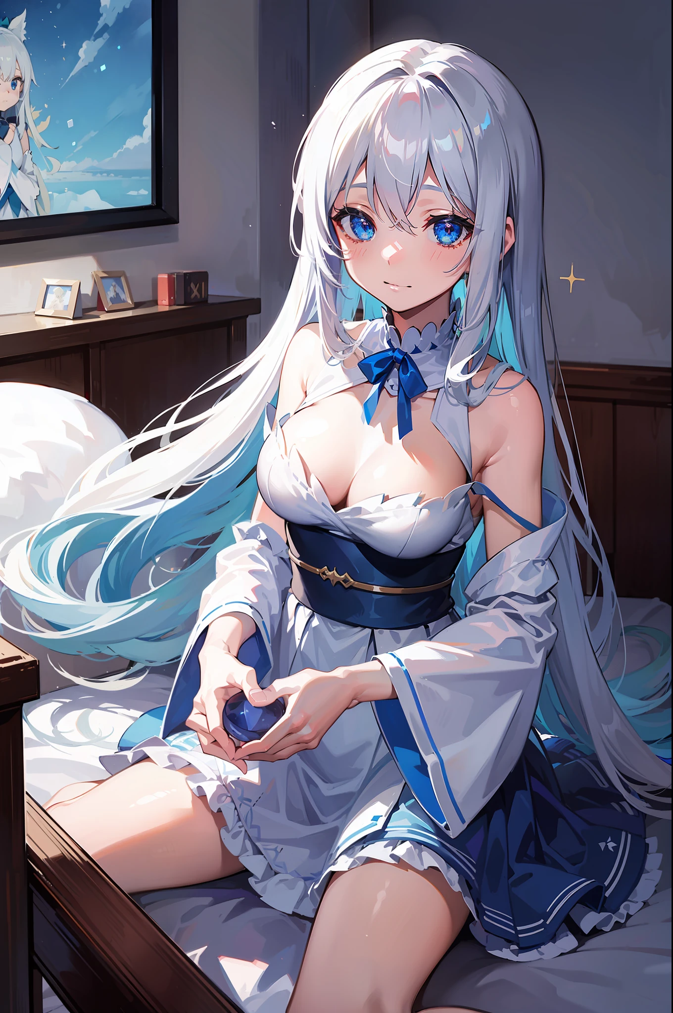 ((Best Quality, 8K, Best Masterpiece)) Anime characters with long gray hair and blue eyes, Anime visuals of young women, Today's featured anime stills, God of White Hair, official art, cute girl anime visuals, Popular isekai anime, Tsuaii, Marisa Kirigami, Anime movies, TV anime still, Isekai, Hestia, Albedo of Anime Overlord Transparency 16 years old Blue small ribbon in hair smile