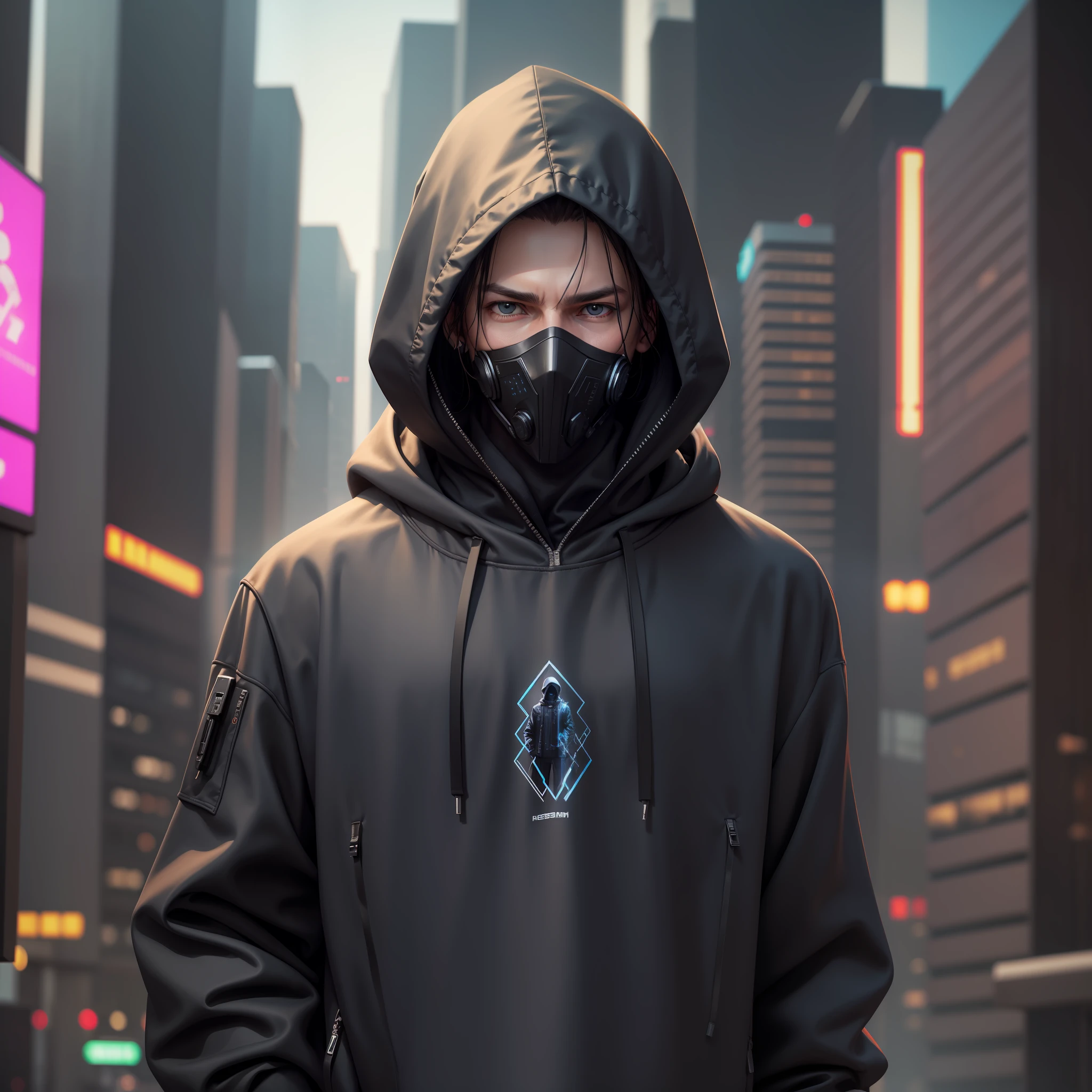 Faceless man, in sweatshirt and hood, black sweatshirt, cyberpunk style