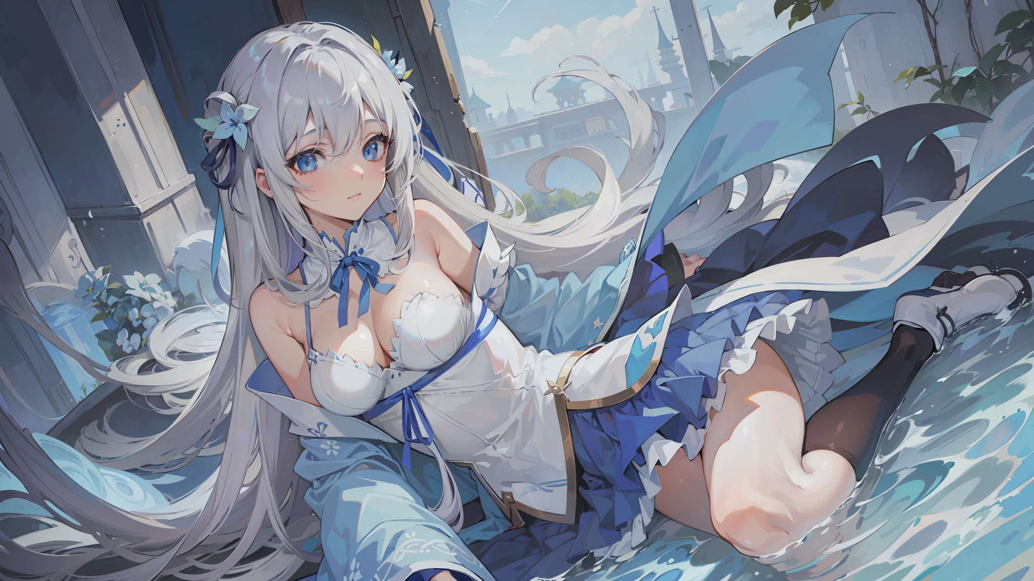 ((Best Quality, 8K, Best Masterpiece)) Anime characters with long gray hair and blue eyes, Anime visuals of young women, Today's featured anime stills, God of White Hair, official art, cute girl anime visuals, Popular isekai anime, Tsuaii, Marisa Kirigami, Anime movies, TV anime still, Isekai, Hestia, Albedo of Anime Overlord Transparency Blue small ribbon in hair smile
