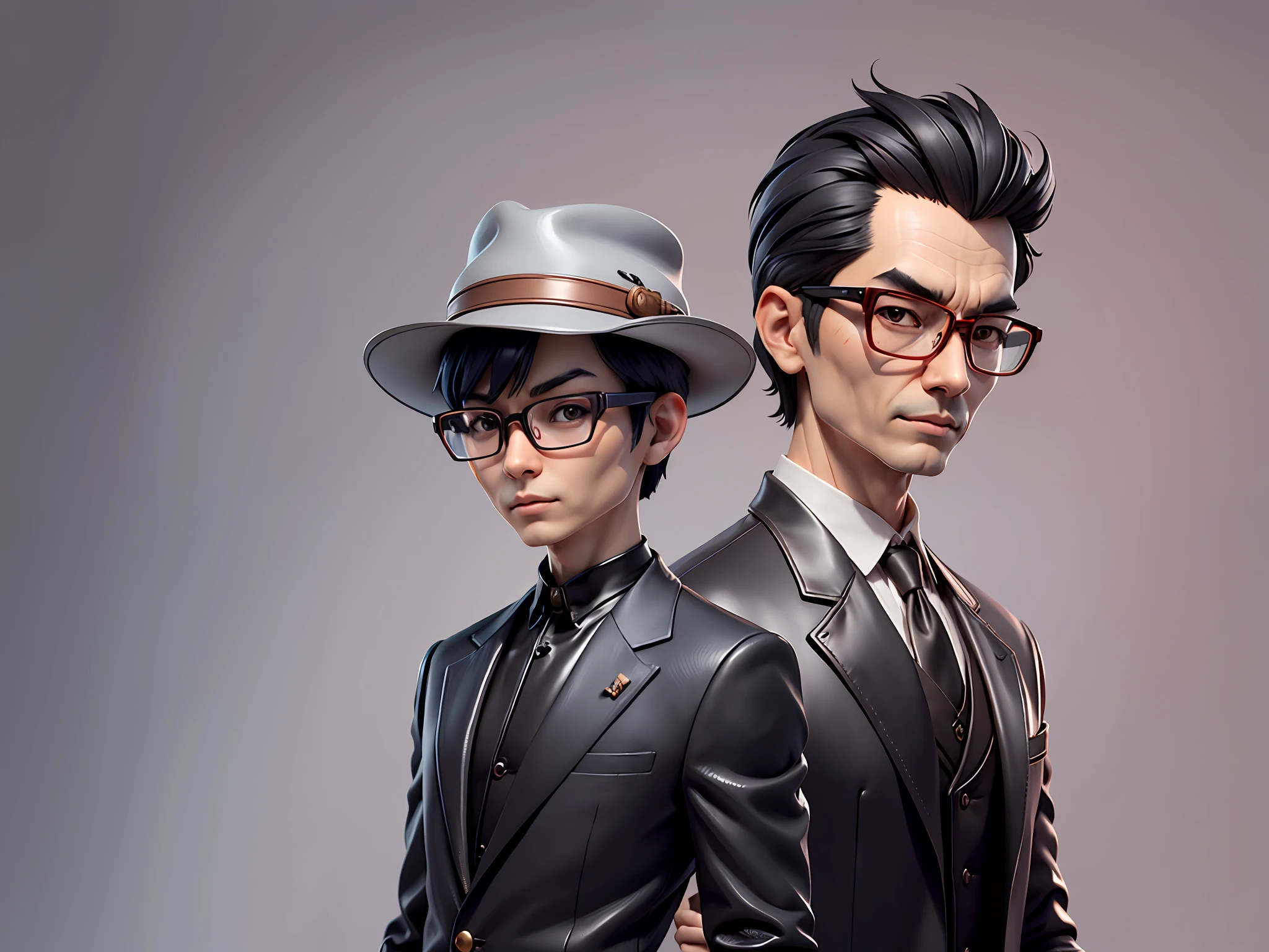 Young man with oriental face in leather hat, tiger, oriental face in formal suit, short black hair, silver glasses, digital painting, 3D character design by Mark Clairedon and Pixar and Hayao Miyazaki and Akira Toriyama, the illustration is a high-definition illustration in 4K resolution with very detailed facial features and cartoon-style visuals.