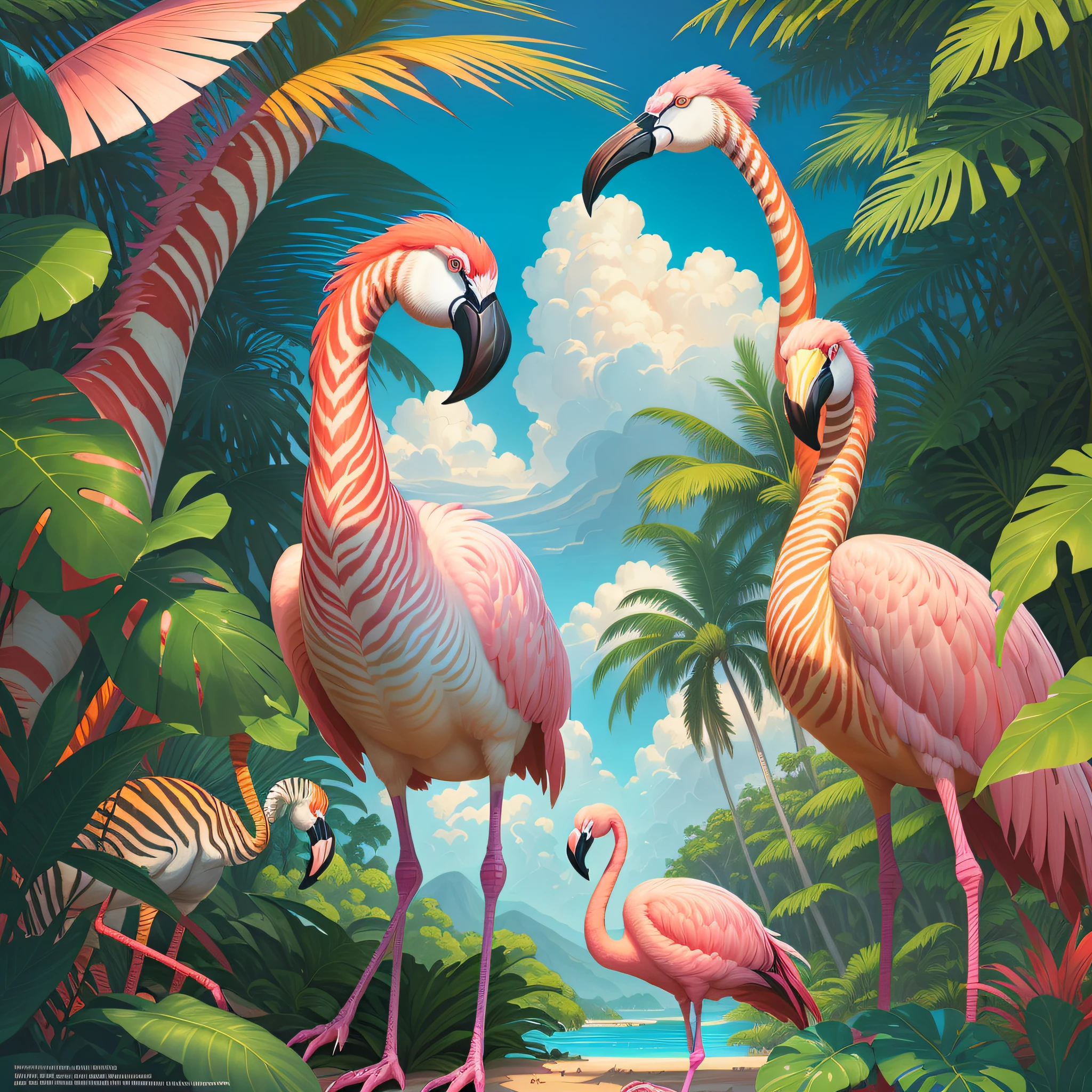 colorful flamingos+zebras in jungle with palm leaves and blue sky, zebra, tropical jungle, by Hildebrandt, hyper realistic, surrealist, by David B. Mattingly, flamingos, flamingos, jim warren, mysterious jungle painting, hildebrandt, tropical birds, flamingo, tropical paradise, by Thomas Dalziel, amazing background, beautiful nature, laurent durieux, by Joe Jusko, by Brian Thomas, by Wayne England, breathtaking, 8k, masterpiece, cinematic, ultra Hd, masterpiece, award-winning, 3D rendering