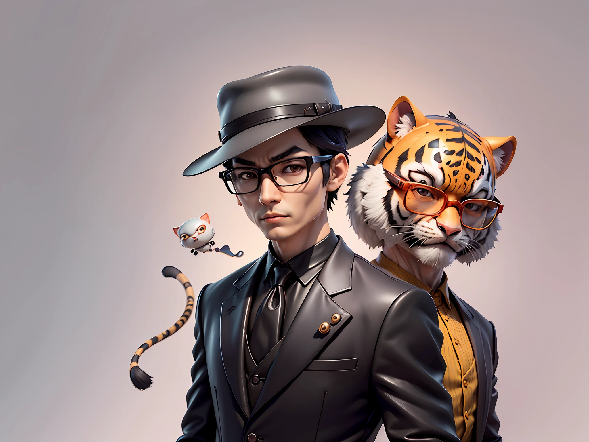 Young man with oriental face in leather hat, tiger, oriental face in formal suit, short black hair, silver glasses, digital painting, 3D character design by Mark Clairedon and Pixar and Hayao Miyazaki and Akira Toriyama, the illustration is a high-definition illustration in 4K resolution with very detailed facial features and cartoon-style visuals.