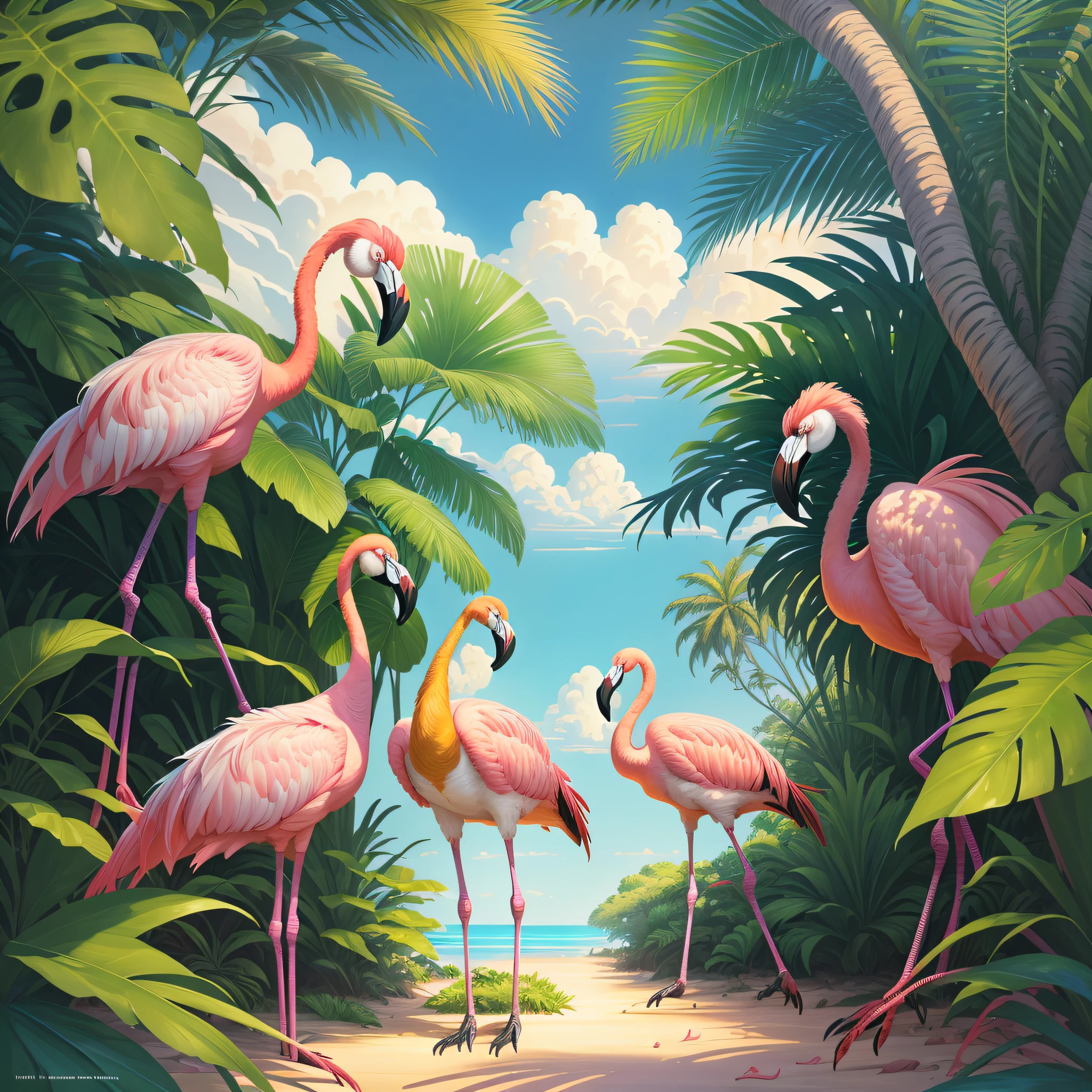 colorful flamingos+zebras in jungle with palm leaves and blue sky, zebra, tropical jungle, by Hildebrandt, hyper realistic, surrealist, by David B. Mattingly, flamingos, flamingos, jim warren, mysterious jungle painting, hildebrandt, tropical birds, flamingo, tropical paradise, by Thomas Dalziel, amazing background, beautiful nature, laurent durieux, by Joe Jusko, by Brian Thomas, by Wayne England, breathtaking, 8k, masterpiece, cinematic, ultra Hd, masterpiece, award-winning, 3D rendering