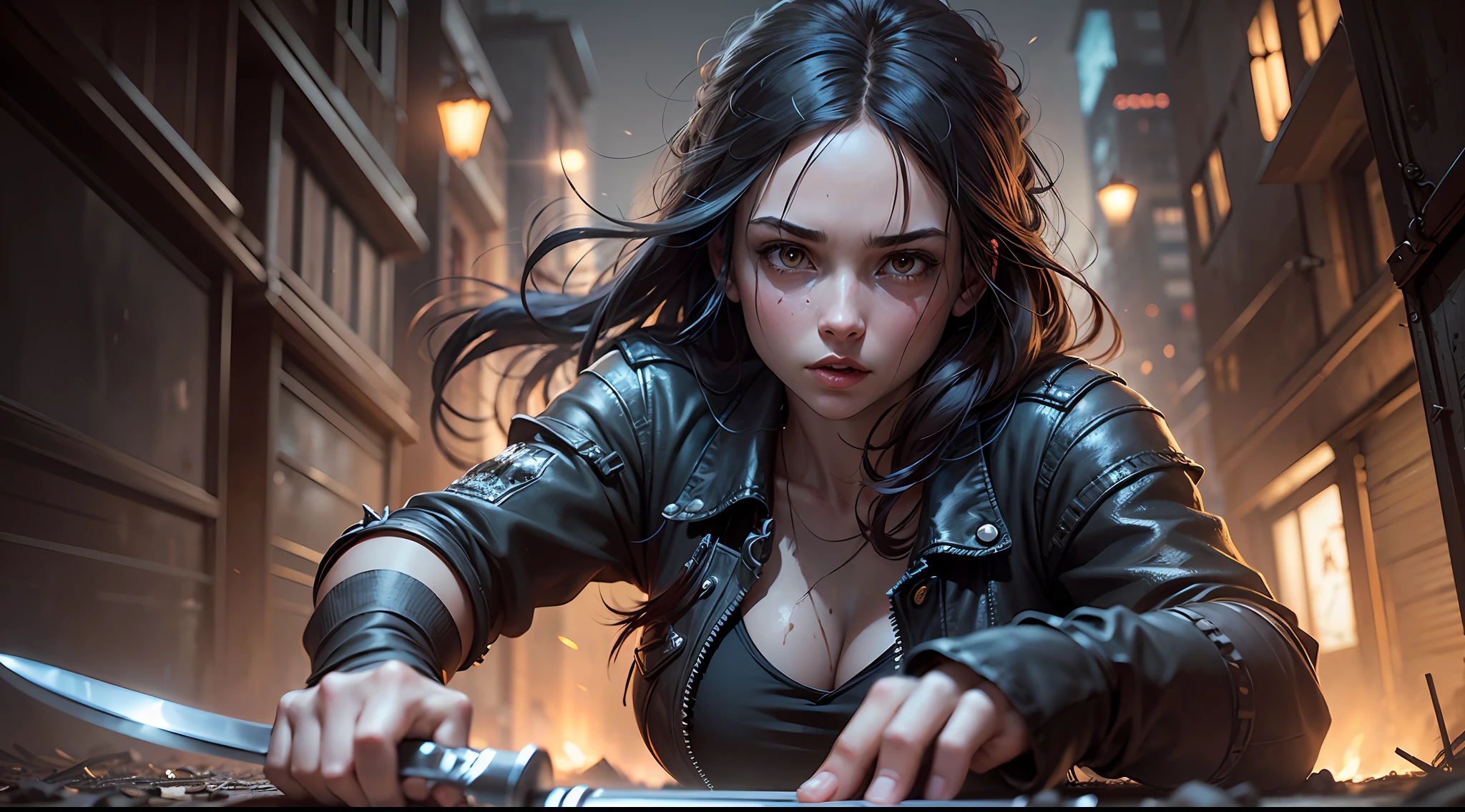 closeup of young woman game player (holding knife) (attack stance) in dark abandoned alley gloomy night, perfect picture, studio shot, intricate, highly detailed, by greg rutkowski,