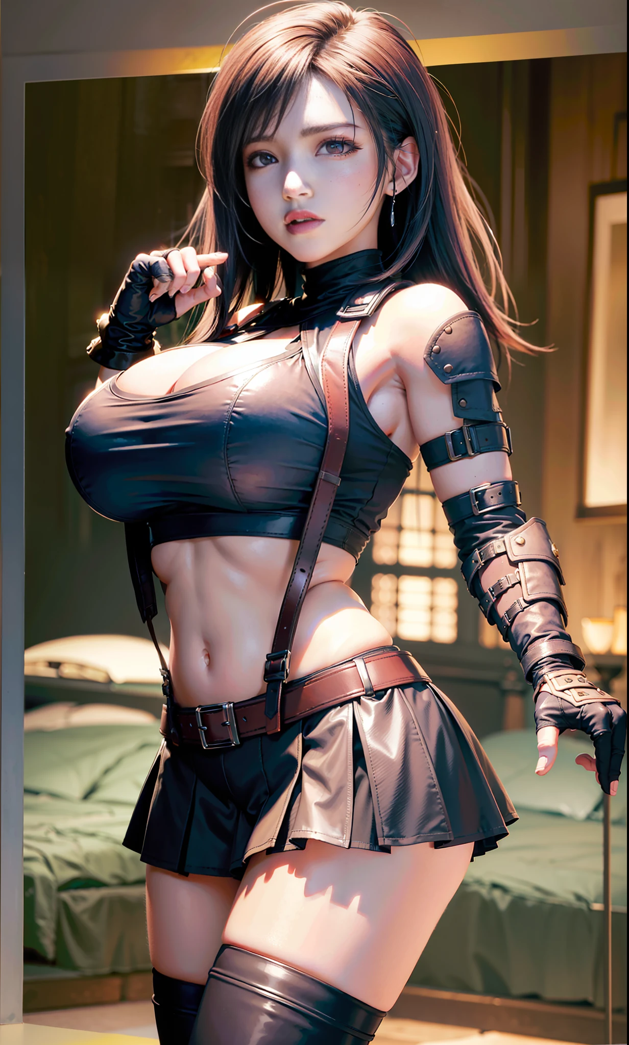 Unreal Engine 5 Realistic Render, (masterpiece, best quality), intricate details, (Best quality)), ((masterpiece)), ((realistic)), (hyperrealism:1.2), (fractal art:1.2),
1girl, 7rtifa, crop top, arm guards, fingerless gloves, suspenders, pleated miniskirt, black thighhighs, red boots
extreme detailed eyes, colorful, highest detailed,
vibrant colors, high contrast,
(8K UHD:1.2), (photorealistic:1.2), beautiful face, top body is hyper realistic thicc muscle and hyper largest_breasts!! with the type of boobs_melons, lower is huge buttocks, wet shiny body