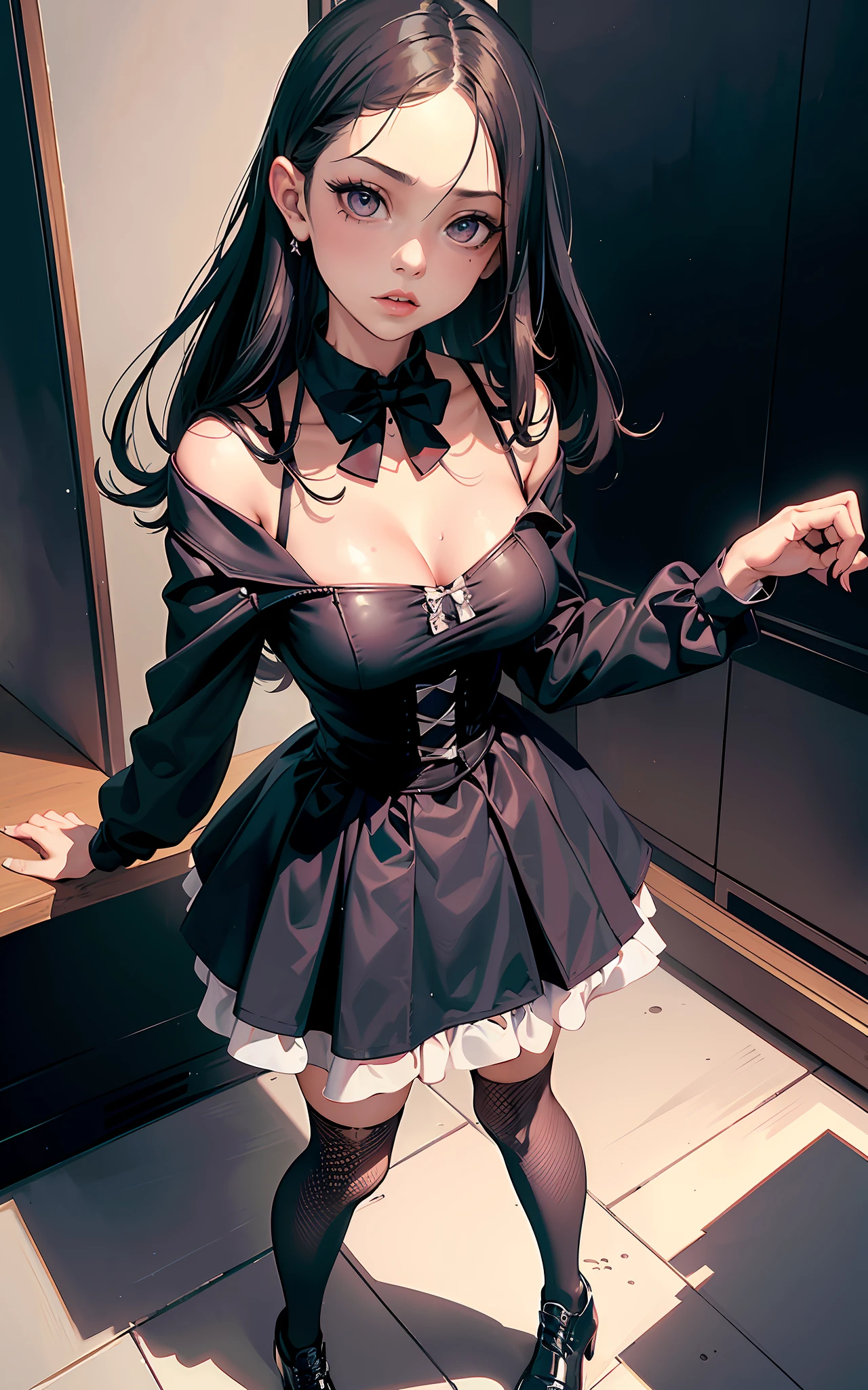 (( best quality, masterpiece, absurd)) image of a woman((jenna ortega,1girl,solo, 20 years,Smart, sarcastic and apathetic, medium chest))in a black dress and white collar shirt, Wednesday addams, school girl in gothic dress, like Wednesday addams, full body with costume, high quality costume, addams, cardboard cutout, goth girl, gothic dress, full body and head view, full body and head view, wide full body shot, goth girl, female whole body