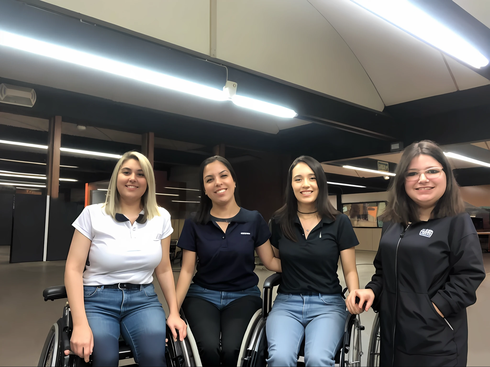 4 women with physical disability, missing 1 leg and there is wheelchair