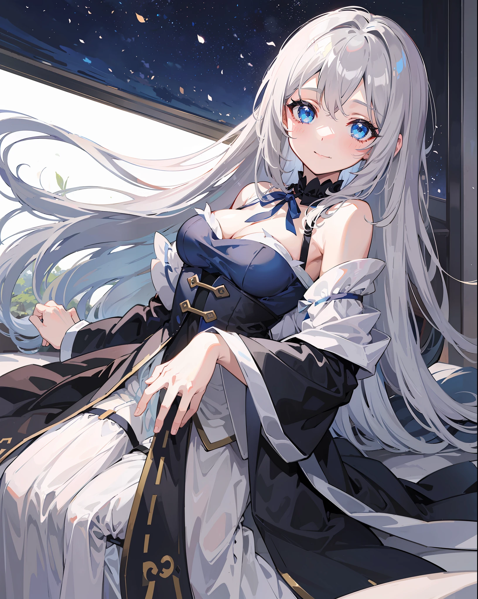 ((Best Quality, 8K, Best Masterpiece)) Anime characters with long gray hair and blue eyes, Anime visuals of young women, Today's featured anime stills, God of White Hair, official art, cute girl anime visuals, Popular isekai anime, Tsuaii, Marisa Kirigami, Anime movies, TV anime still, Isekai, Hestia, Albedo of Anime Overlord Transparency 　Blue small ribbon in hair smile