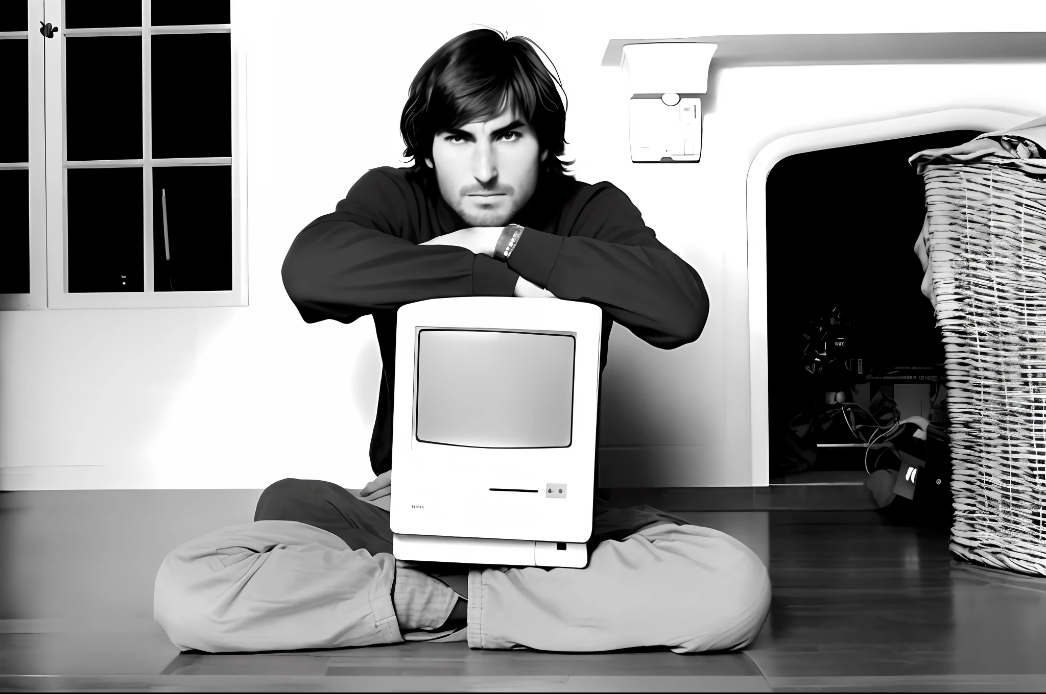 arafed man sitting on the floor with a computer monitor, steve jobs, portrait of steve jobs, macintosh plus, 1 9 8 0 s tech, 1 9 8 0's minimalistic, steve jobs as hokage, carl sagan, promo shot, 1979, 1 9 7 9, with a laptop on his lap, 1981