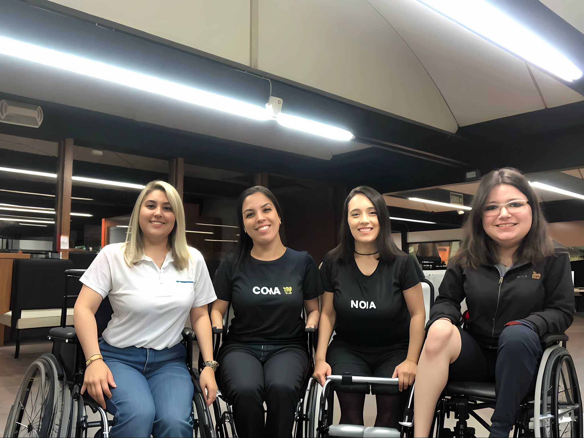 4 women with physical disability, missing 1 leg and there is wheelchair