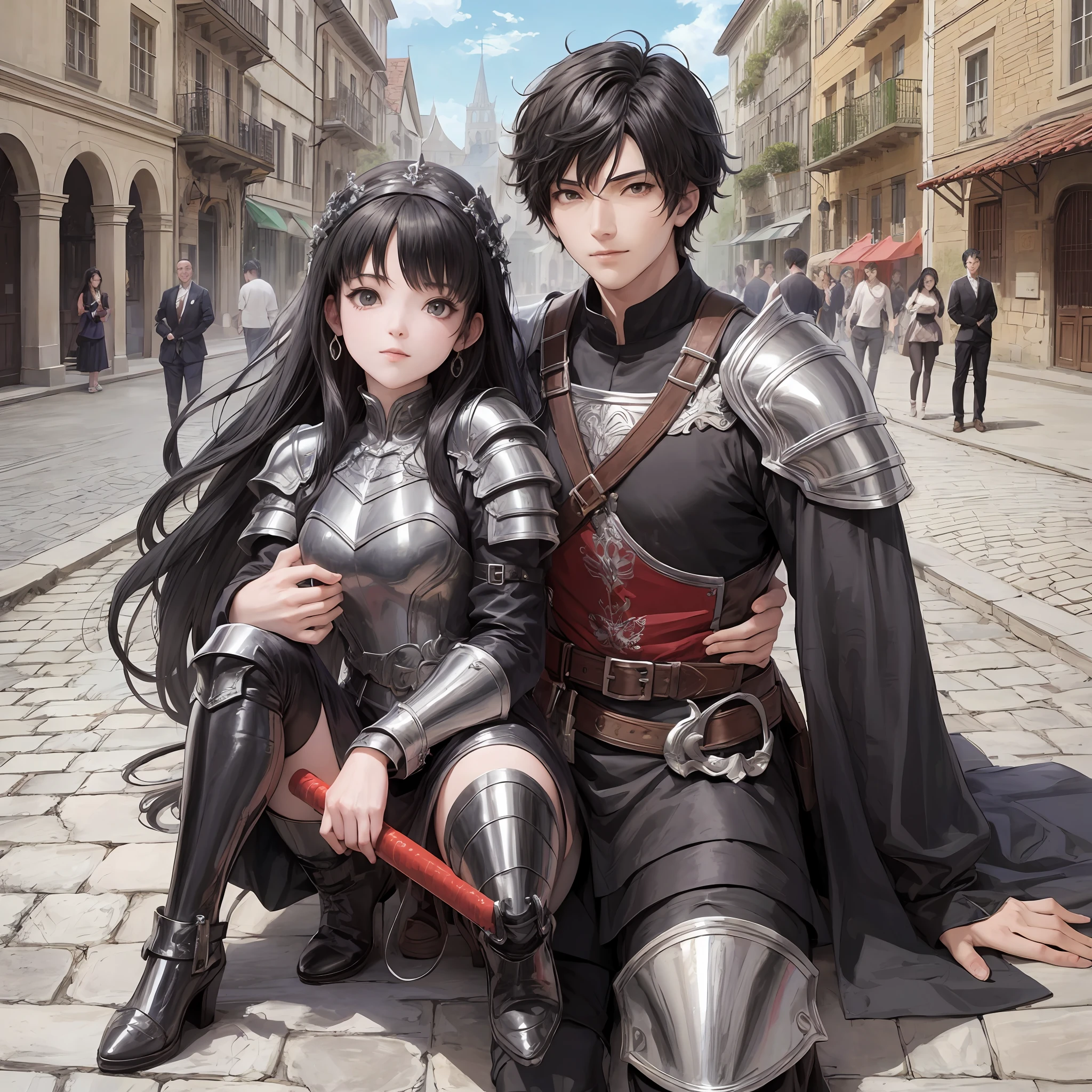 Anime - Couple style dressed in armor, black hair, posing for a picture in a medieval town square, with my baby dragon --auto --s2