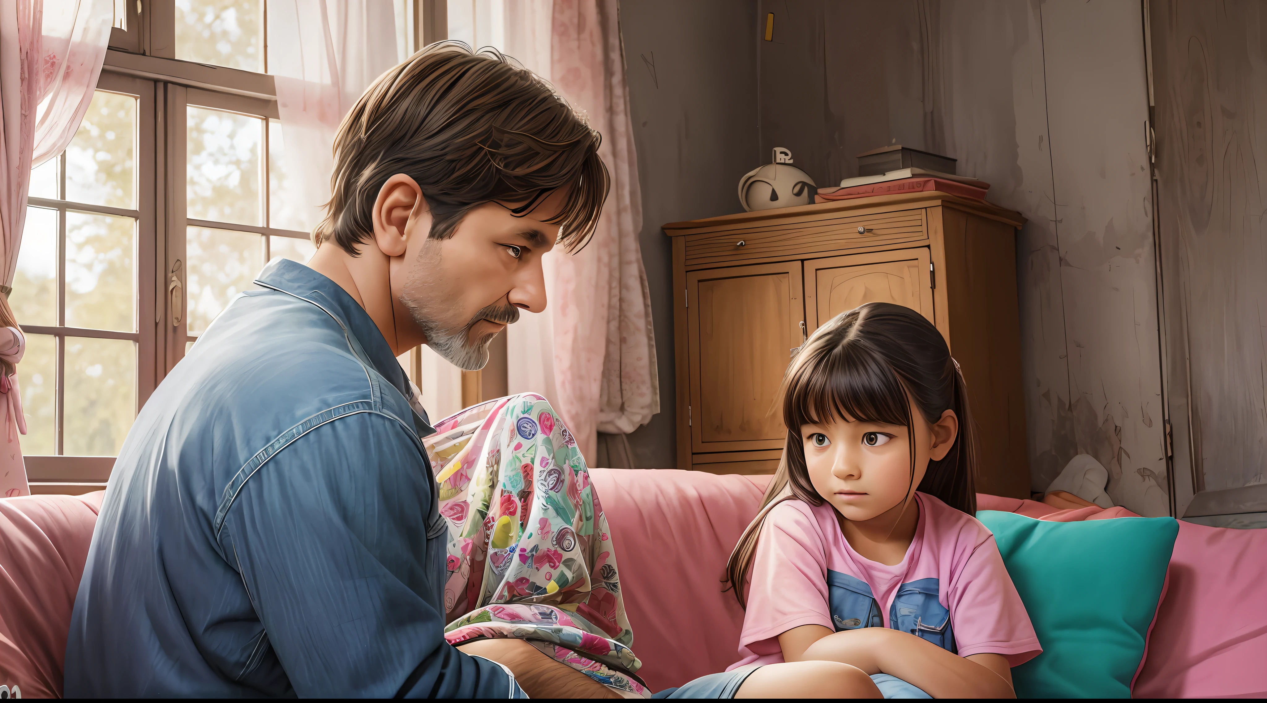 A 43 year old man, children, girl, sitting on a sofa, 90's clothes, backgound inside an old house