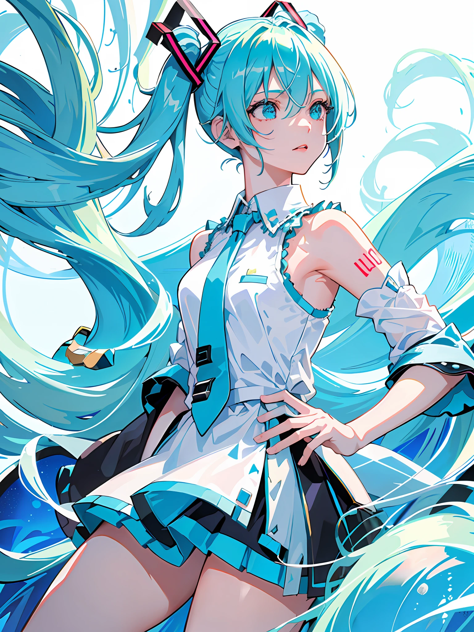 ((masterpiece, best quality)), (1girl),(Hatsune Miku), (solo), (female focus), (ahoge, white hair, short hair), cyan eyes, ((white shirt), (buttoned shirt)), ((cyan skirt), (short skirt)), standing, blue glow background, arms behind back,