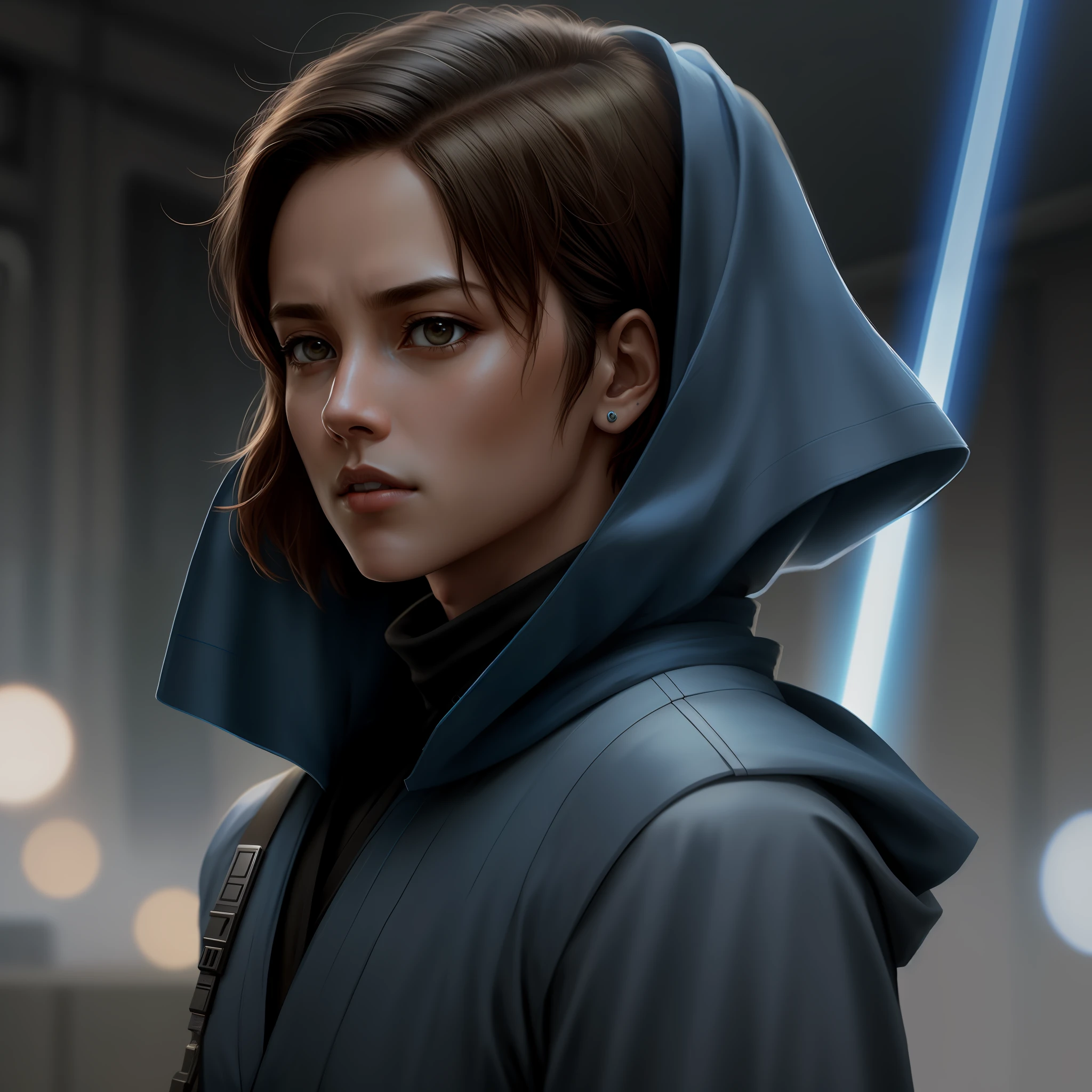 1 man style star wars jedi, short hair, (best quality), ((resolution 1:1)), (face centered), avatar photo only, (head + shoulders), realistic photo, film grain.