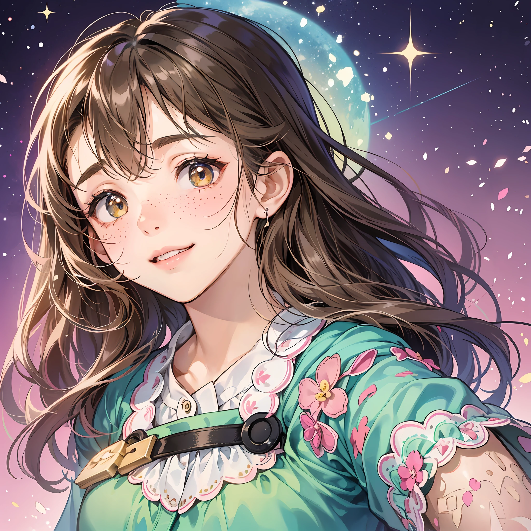 "Draw Miyu, a -yeld giwith big, expressive eyes that shine like stars on a starry night. His eyes are a deep almond hue, with long, curved lashes. She has soft, voluminous hair in a shade of light brown, slightly wavy, that cascades down. His face is smooth and rounded, with rosy cheeks and a radiant smile that reveals perfectly aligned white teeth. She has adorable freckles splattered across her nose. Miyu is small and delicate, with an upright posture and a presence that radiates joyful energy. She loves to wear comfortable and colorful dresses, especially in shades of green, blue and pink. Please draw it inspired by Studio Ghibli's animation style." --auto --s2