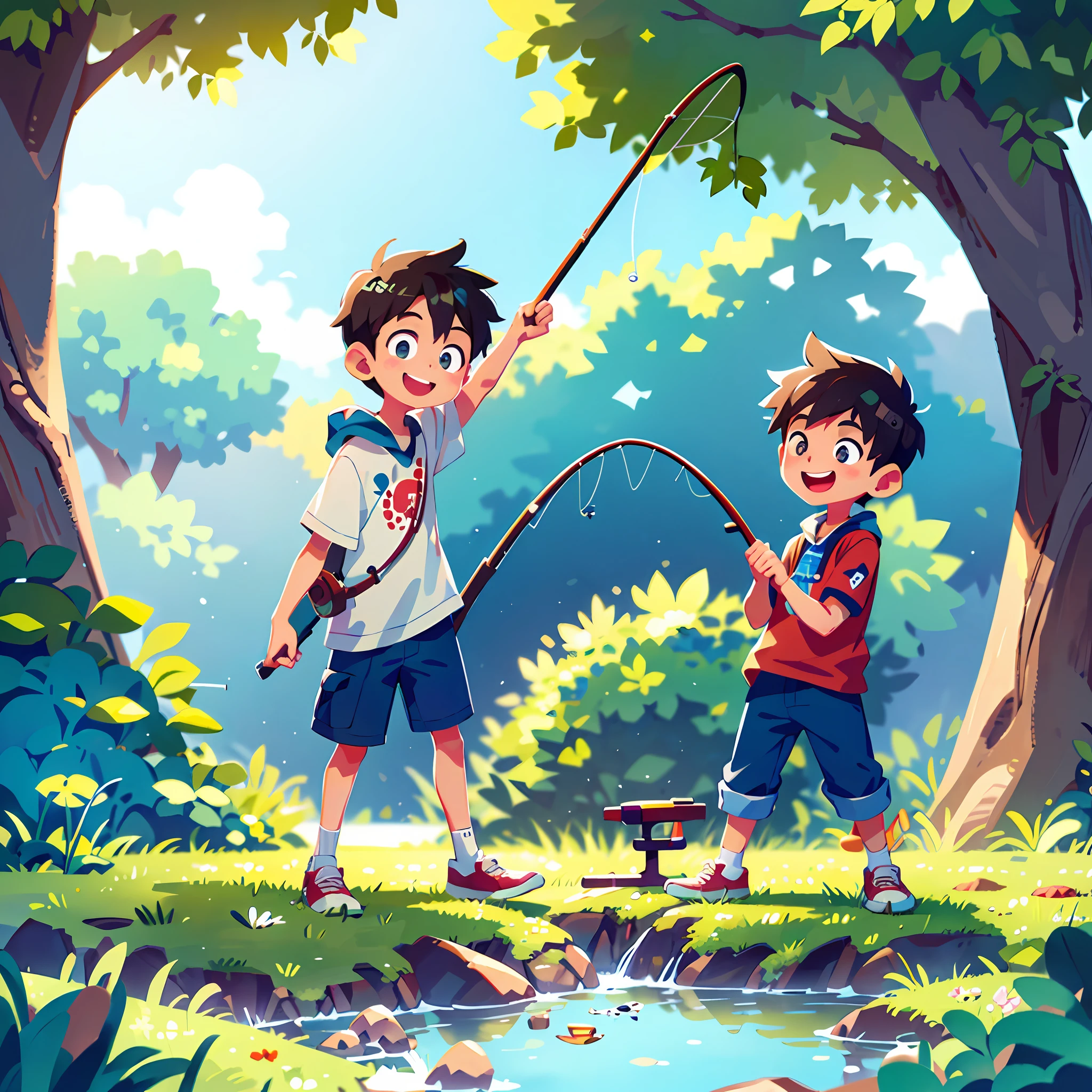 masterpiece, top quality, (highest quality: 0.8), boy perfect anime illustration, smile, look at camera, outdoor, fishing, (fishing rod: 1.2)