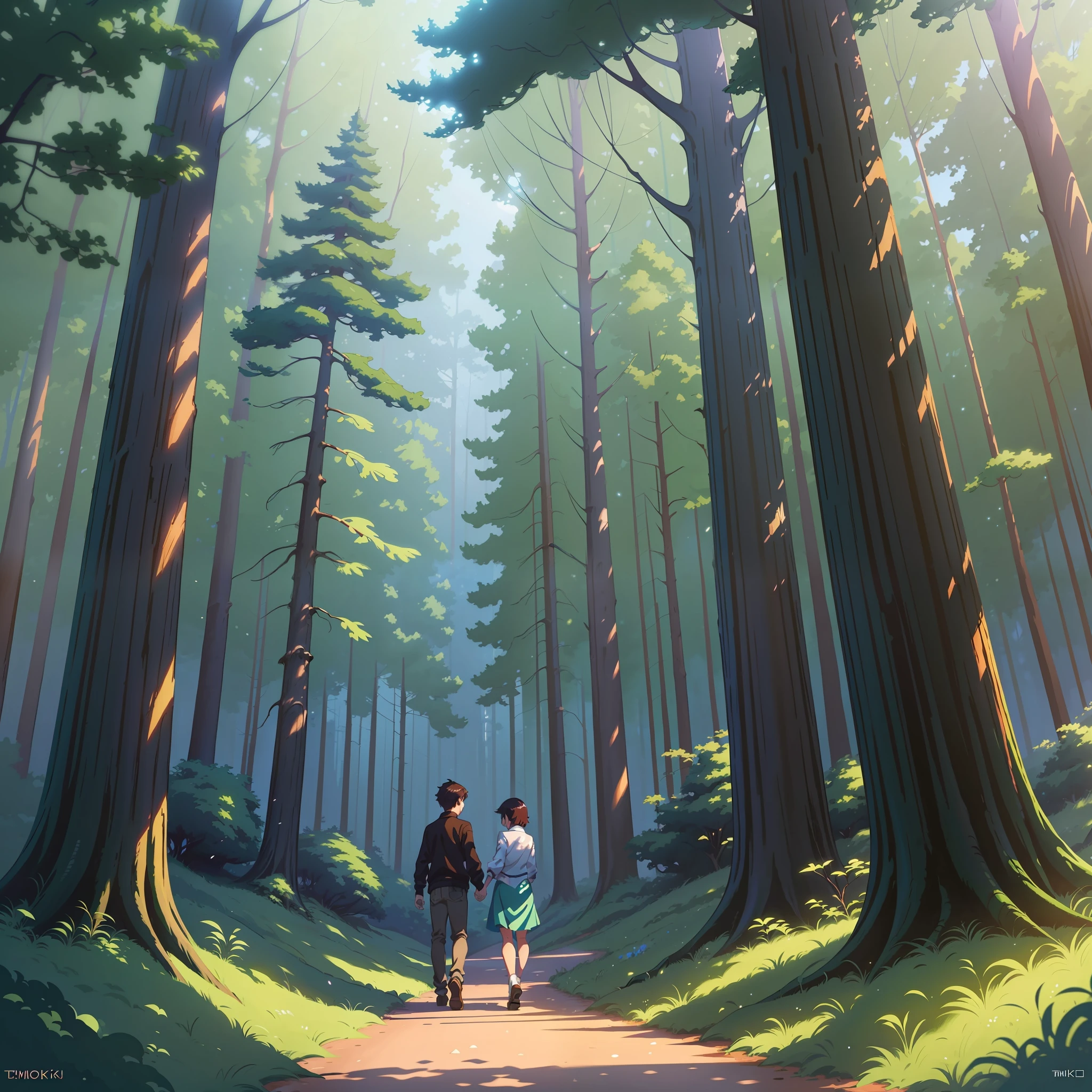 there are two people standing in the woods holding hands, artwork in the style of guweiz, anime lush john 8k woods, makoto shinkai and tom bagshaw, makoto shinkai cyril rolando, guweiz and makoto shinkai, sakimichan and makoto shinkai, ross tran and makoto shinkai