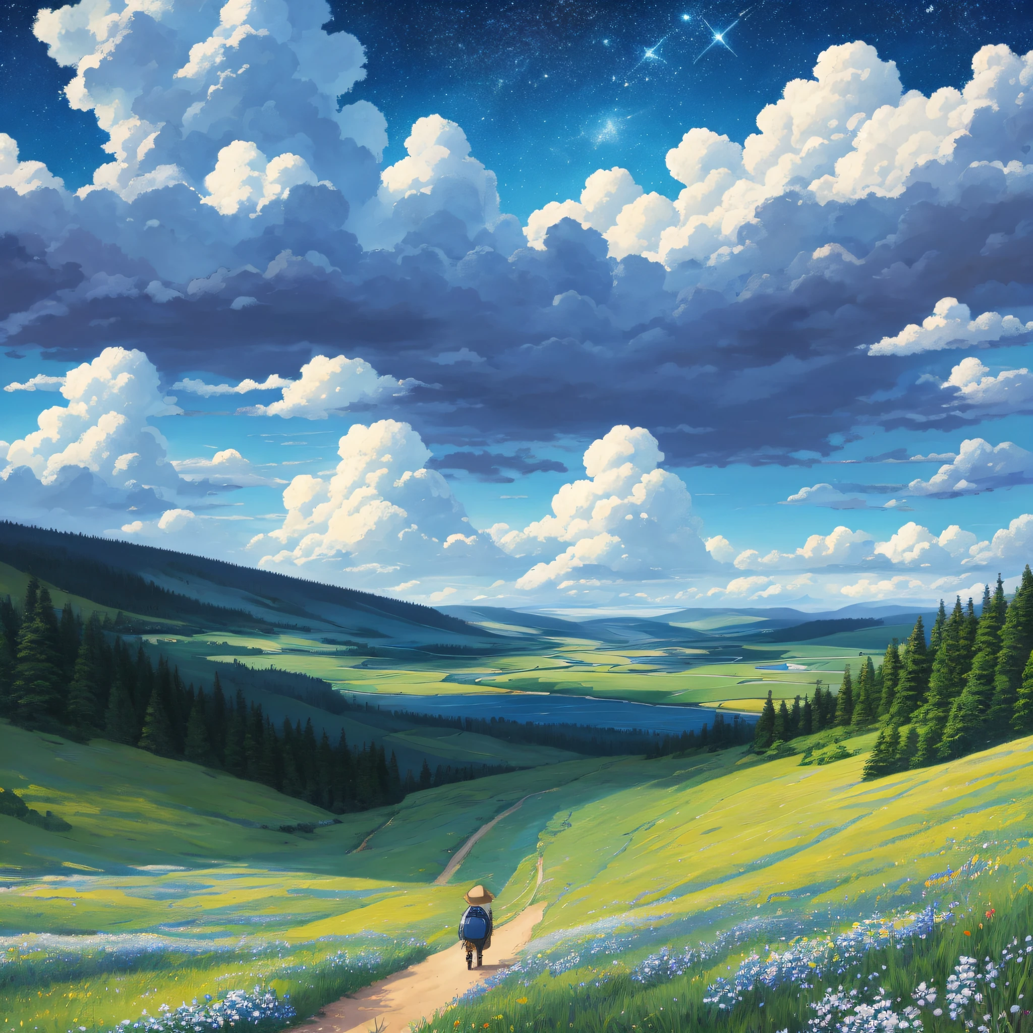 Realistic, real, beautiful Stunning landscape oil painting Studio Ghibli Miyazaki Petals Prairie Blue Sky White Clouds Starry Sky Prairie, 4k 3840 x 2160. --auto --s2