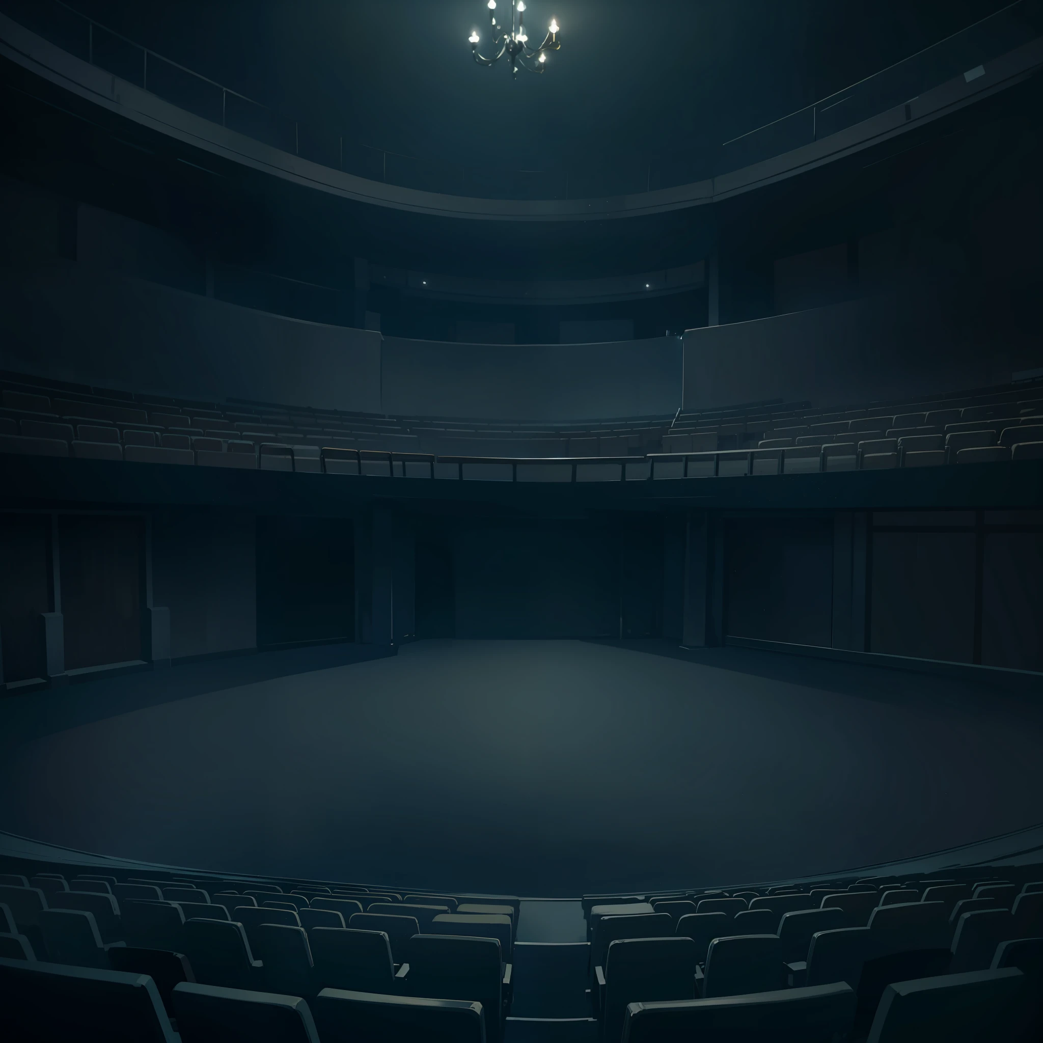 Theatre stage, scary, horror, dark themed, dark, night, low lighting, dark blue colors,