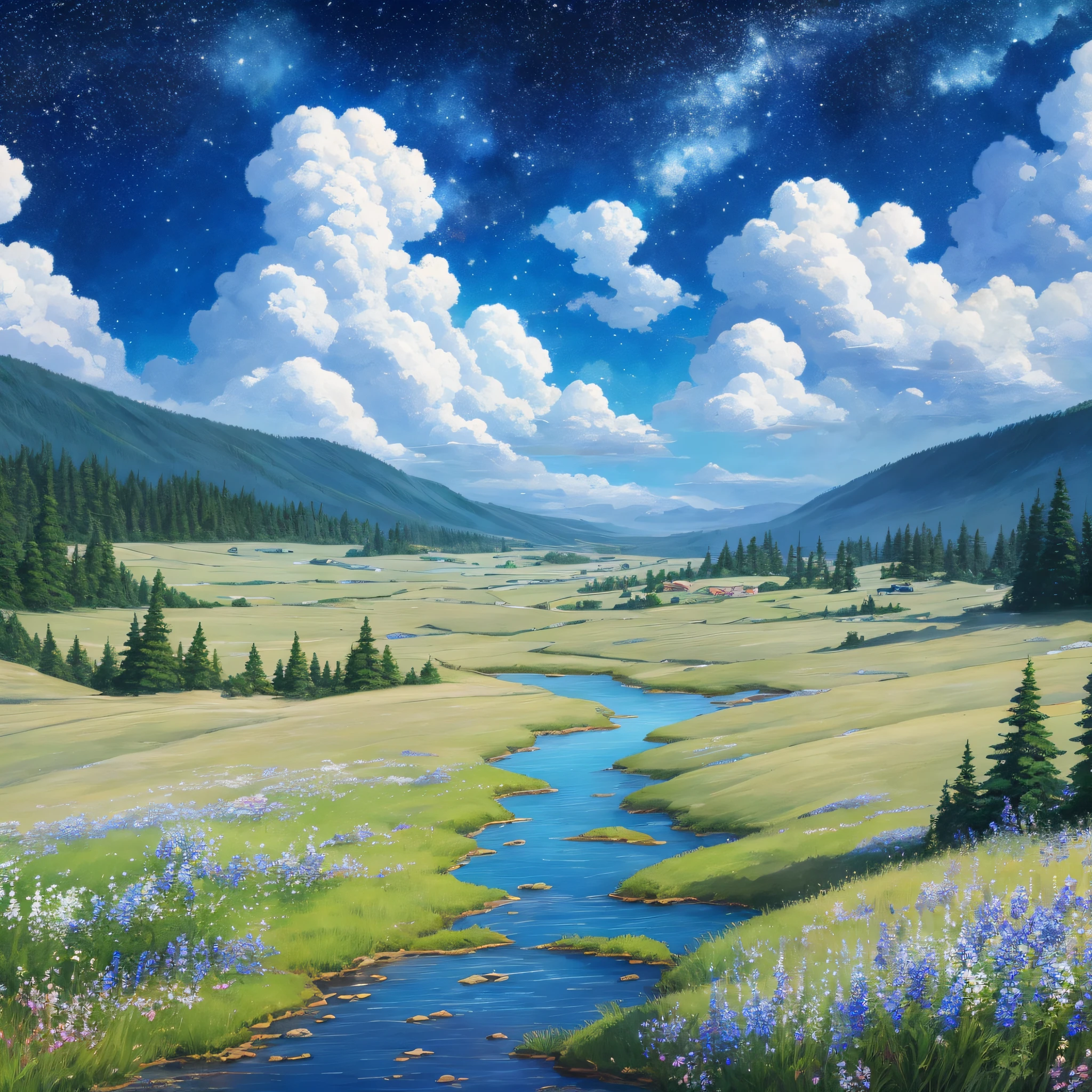 Realistic, real, beautiful Stunning landscape oil painting Studio Ghibli Miyazaki Petals Prairie Blue Sky White Clouds Starry Sky Prairie, 4k 3840 x 2160. --auto --s2