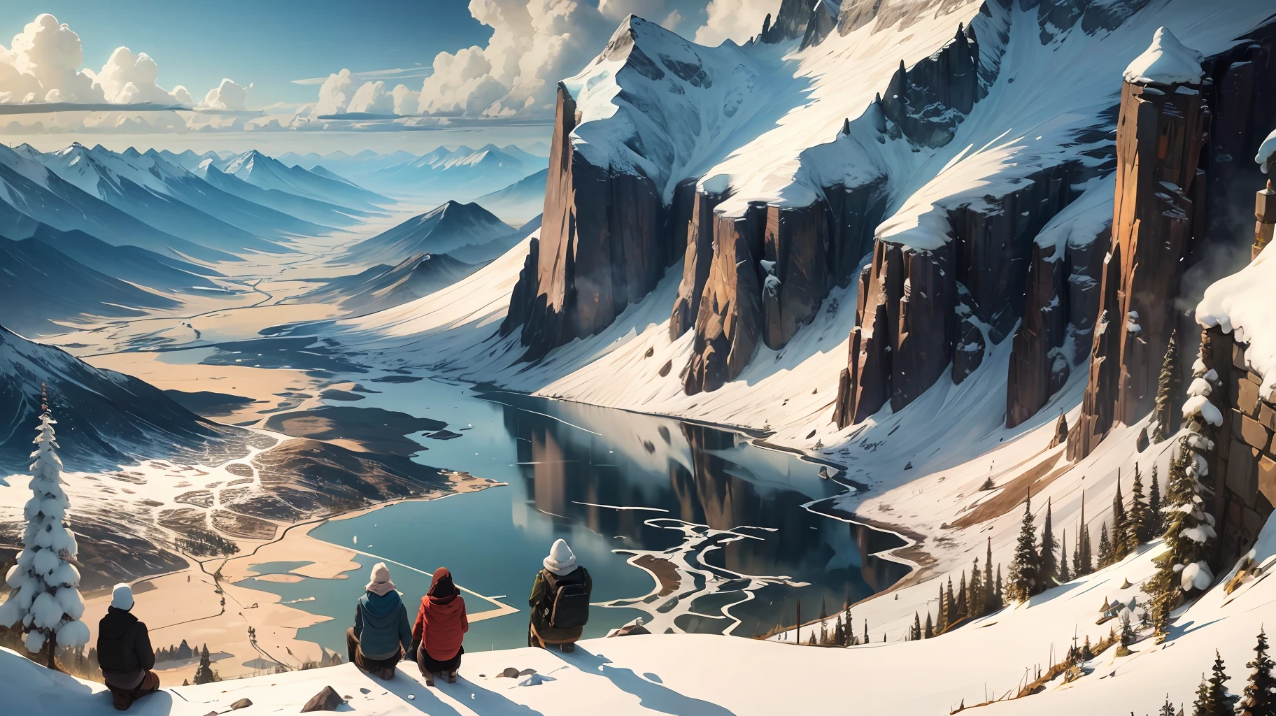 Show the wise gathered with several people on a mountain talking to a beautiful landscape.