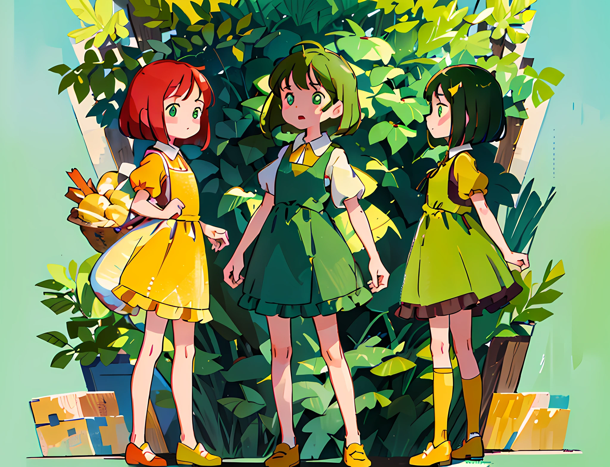 (master piece, high quality, 8k) (full body) (same character front, back, side view) (model sheet) (multiple views of the same character) . 8k, (RAW photo, best quality), beautiful detailed green eyes, extremely detailed eyes and face, perfect anatomy, an extremely delicate and cute cubby face, short bob style red hair, adorable yellow dress.