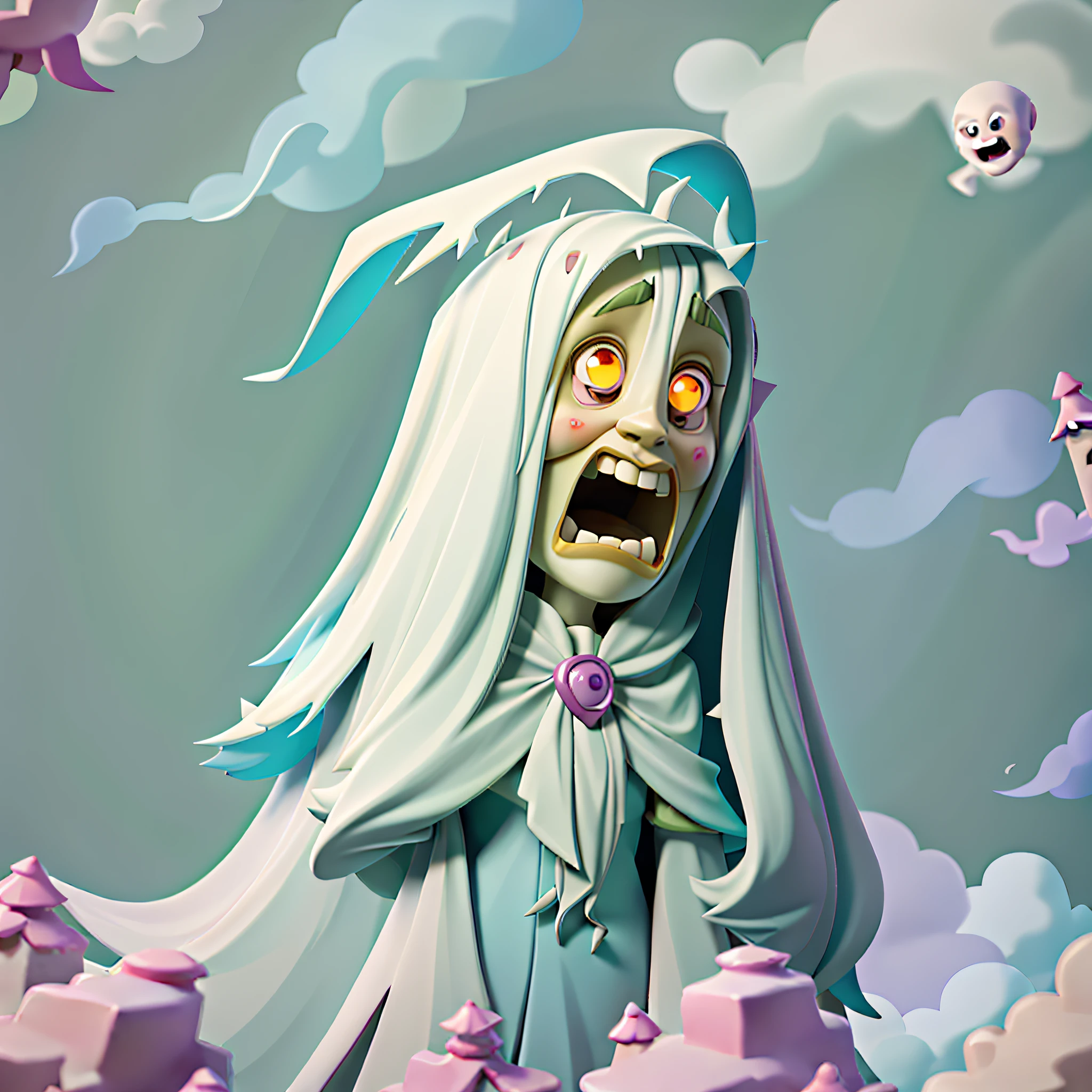 A closeup of a ghost on a colorful background with a pattern, floating ghost, cute funny ghost, fuzzy ghost, scary ghost halloween wallpaper, ghost under a sheet, ghostly, ghastly and transparent screaming ghost, ghostly shape, 2 d low polygon art, 3 d ghosts.