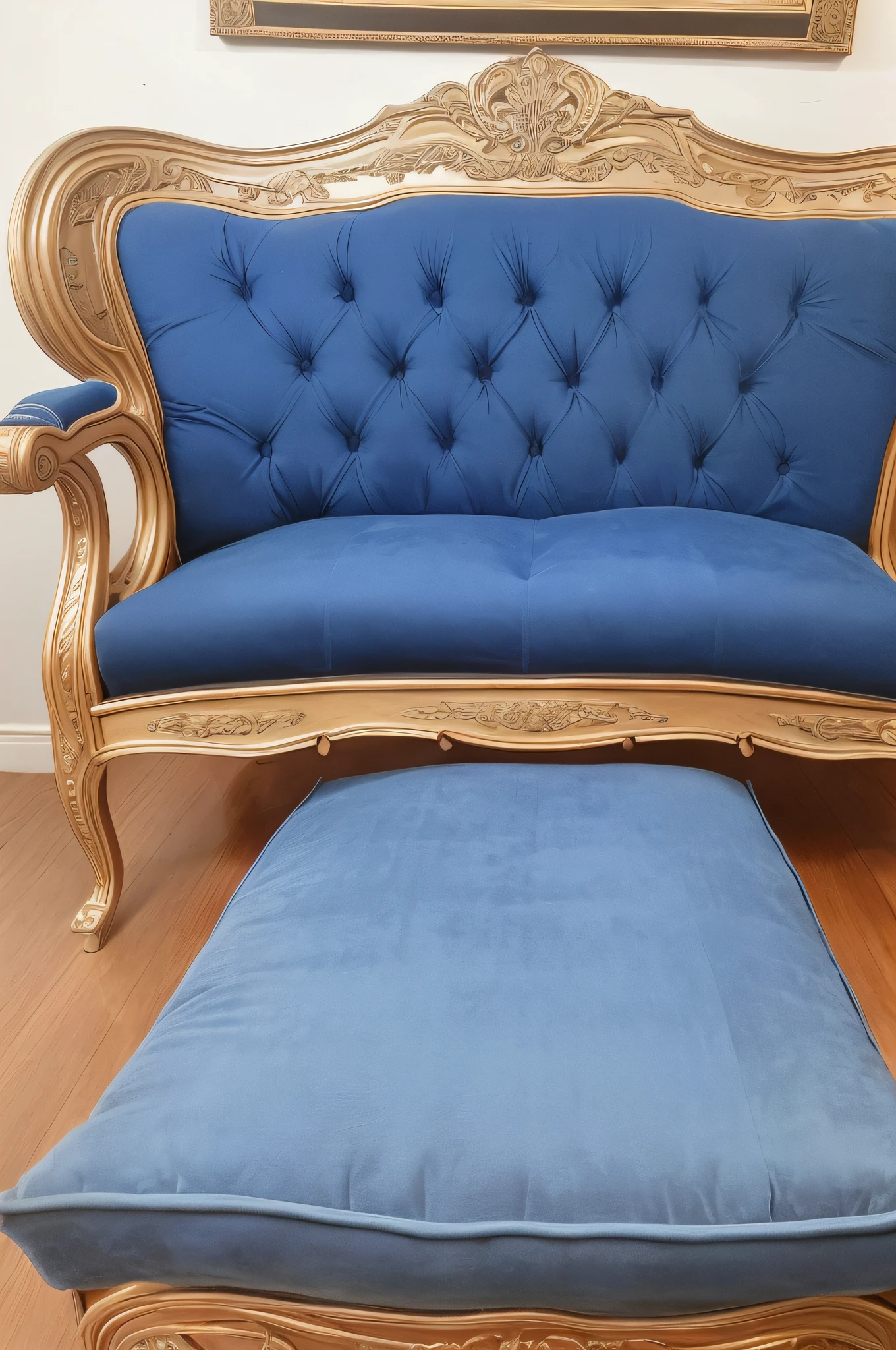 Classic furniture in an indigo blue color scheme a three-seater, comfortable and cozy velvet sofa with ultra-detailed details in high resolution with four Indian blue cushions, realistic photo with focus framing of the sofa centered on the scene shown the whole sofa.