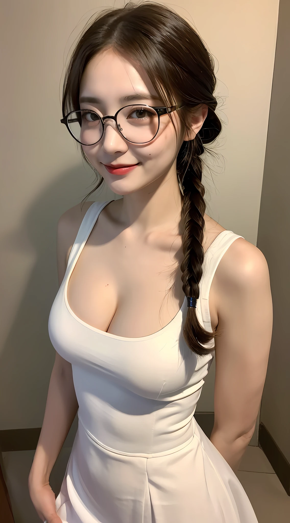 ((Best Quality, 8K, Masterpiece:1.3)), 1girl, Glasses Perfect Body Beauty: 1.3, (Hairstyle random, Big Breasts Leaking: 1.3), Nurse, Super Fine Face, Fine Eyes, Double Eyelids, Smile, Deep V, Short Skirt,