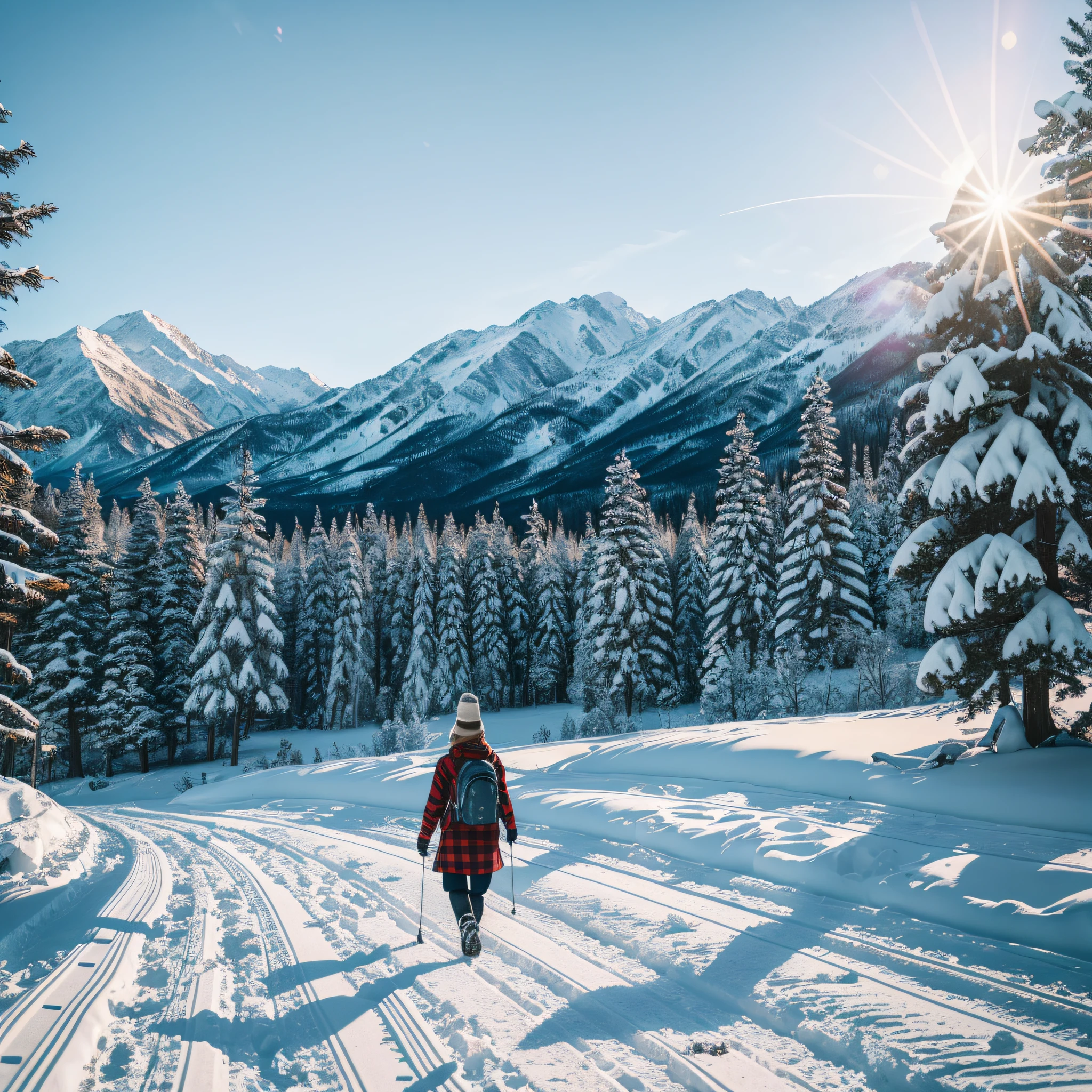 RAW photo, winter landscape, mountains, trees, snow, woman with winter clothes walking to her house, 8k uhd, dslr, soft lighting, high quality, film grain, Fujifilm XT3 --auto --s2