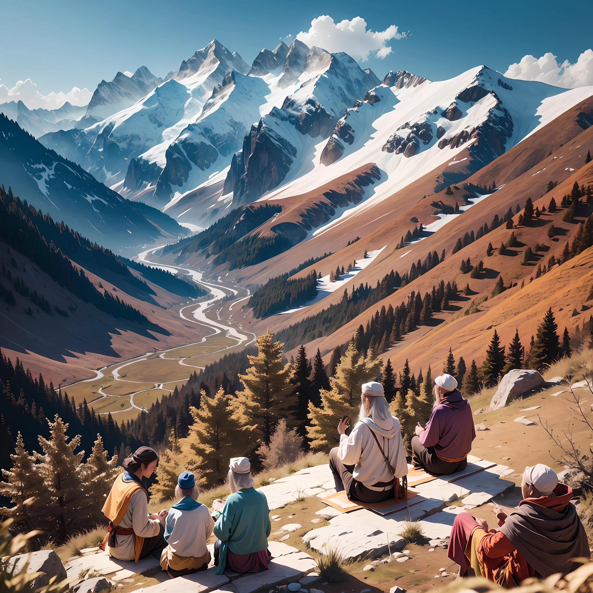 several people sitting on a hill with a view of a valley, cinematic silk road lanscape, max rive, by Alexander Kucharsky, breathtaking himalayan landscape, high in mountains, best on adobe stock, in the mountains, in a mountain valley, alp, by Michael Komarck, alexey egorov, by Aleksandr Gerasimov
