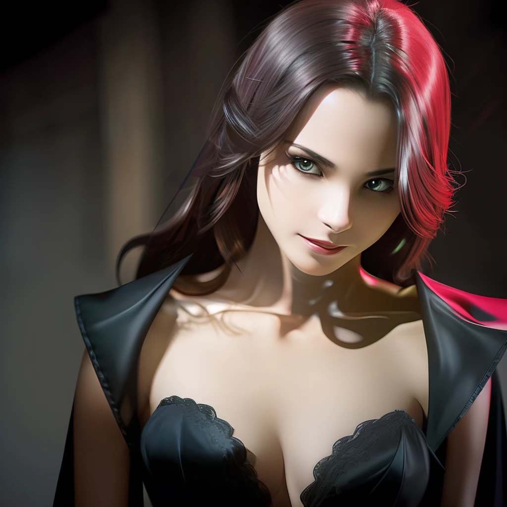 Description of the realistic photographic style to portray a seductive vampire. The image is captured in high resolution, with sharp detail and an almost palpable quality. The lighting is carefully adjusted to highlight the contours of the vampire's face and body, highlighting her great sensuality. The result is a photograph that seems to capture the exact moment when the vampire emerges from the shadows of dark vision. --auto --s2